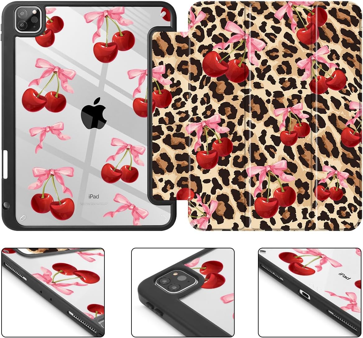 May Chen for iPad Pro 11 inch M2 4th Generation 2022, iPad Pro 11 3rd/2nd/1st Gen, Built-in Pencil Holder with Shockproof Cover Clear Transparent Back Shell Auto Wake/Sleep, Cherry & Cheetah