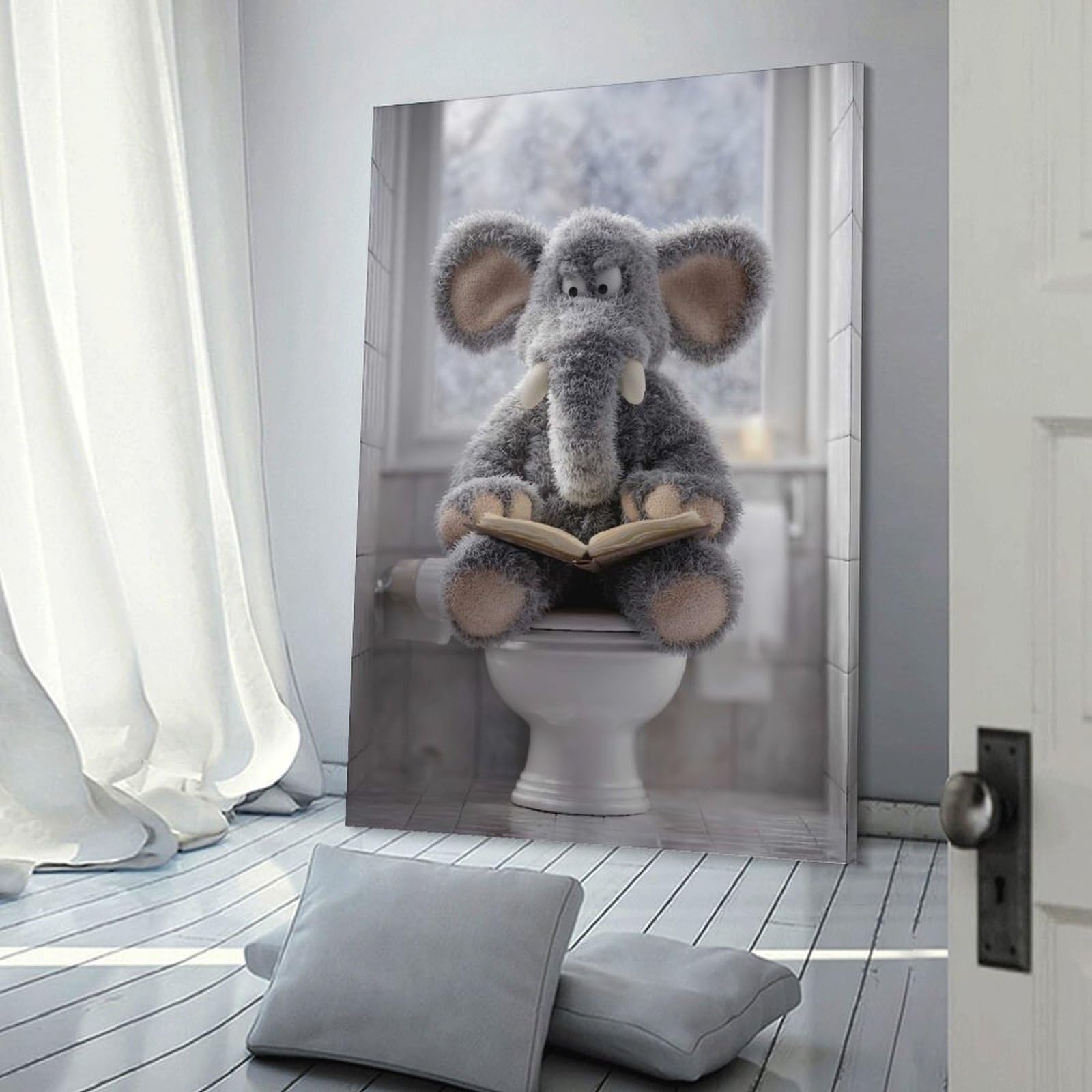 Junmoney Canvas Art Print Elephant Reading on Toilet, 20x30inch(50x75cm), for Office, Study Or Home Workspace, Decorative Artwork for Productive Spaces