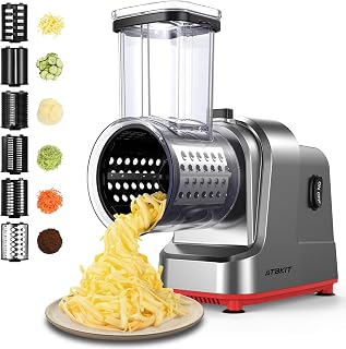 ATBKIT 250W Electric Cheese Grater & Salad Maker - 6 Stainless Steel Blades for Shredding Cheese, Veggies, Fruits & French Fries