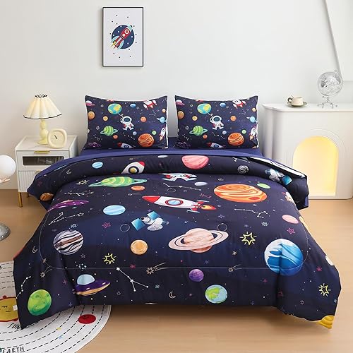 Juego de edredón de tamaño matrimonial para niños, ropa de cama espacial de 4 piezas, ropa de cama para niños, adolescentes y niños, ropa de cama