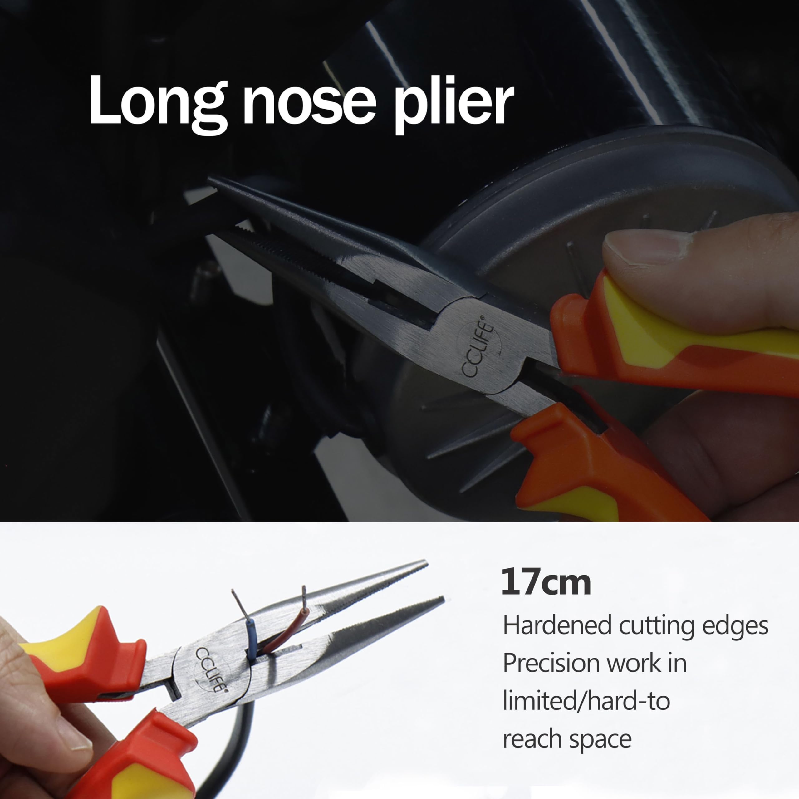 CCLIFE Jeu de 4 Pinces,Pince Mmultiprise-Pince Coupante-Pince Universelle-Pince Bec Long avec Manche et Souple Outillage Professionnel | Avec pinces de 170/170/160/250 mm, poignées antidérapantes et sac de rangement pratique