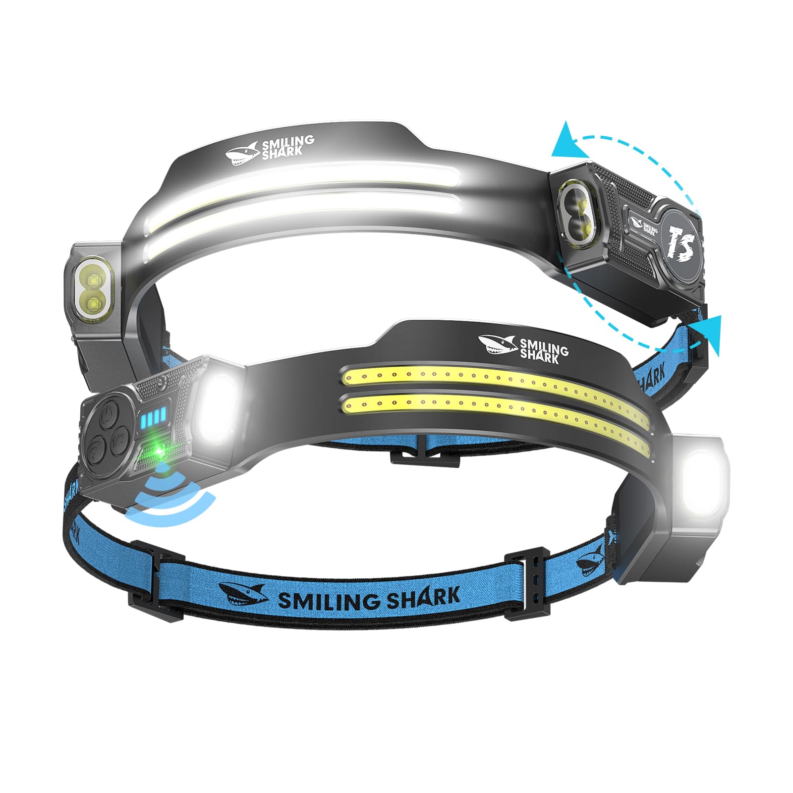 Smiling Shark Lampada Frontale, 2 Pezzi Luminosa Torcia Frontale LED Ricaricabile con 2 Ampio Luce & Faretto Regolabile Sensore Movimento 2400 mAh 5 Modalità Lampada da Testa per Campeggio Pesca