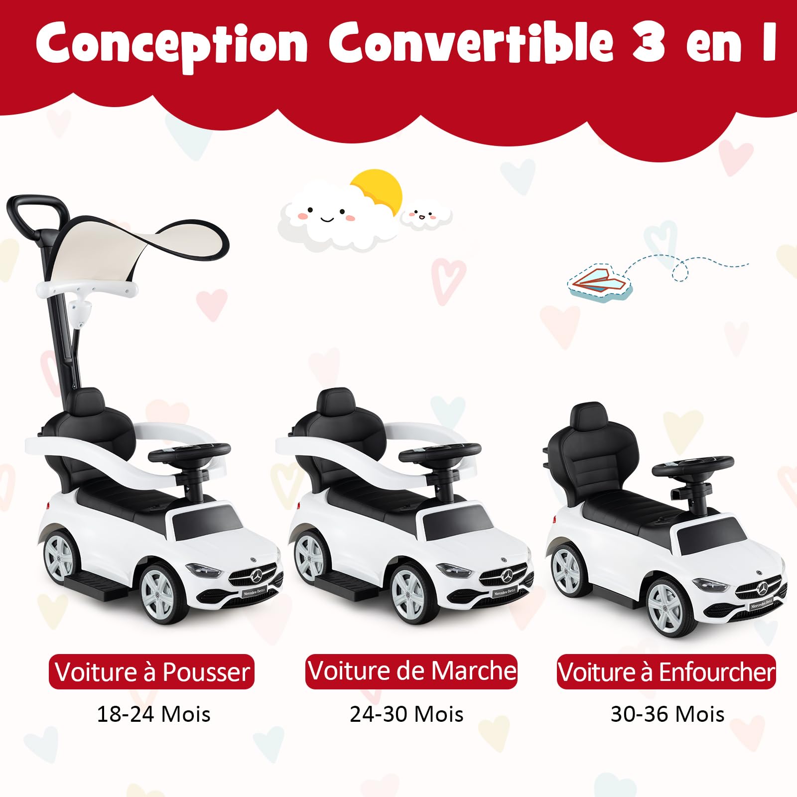 Porteur Bébé 3 En 1 Mercedes-Benz - Poussette, Marcheur Et Voiture à Chevaucher - Pour 1 à 3 Ans (jusqu'à 25kg) - Blanc