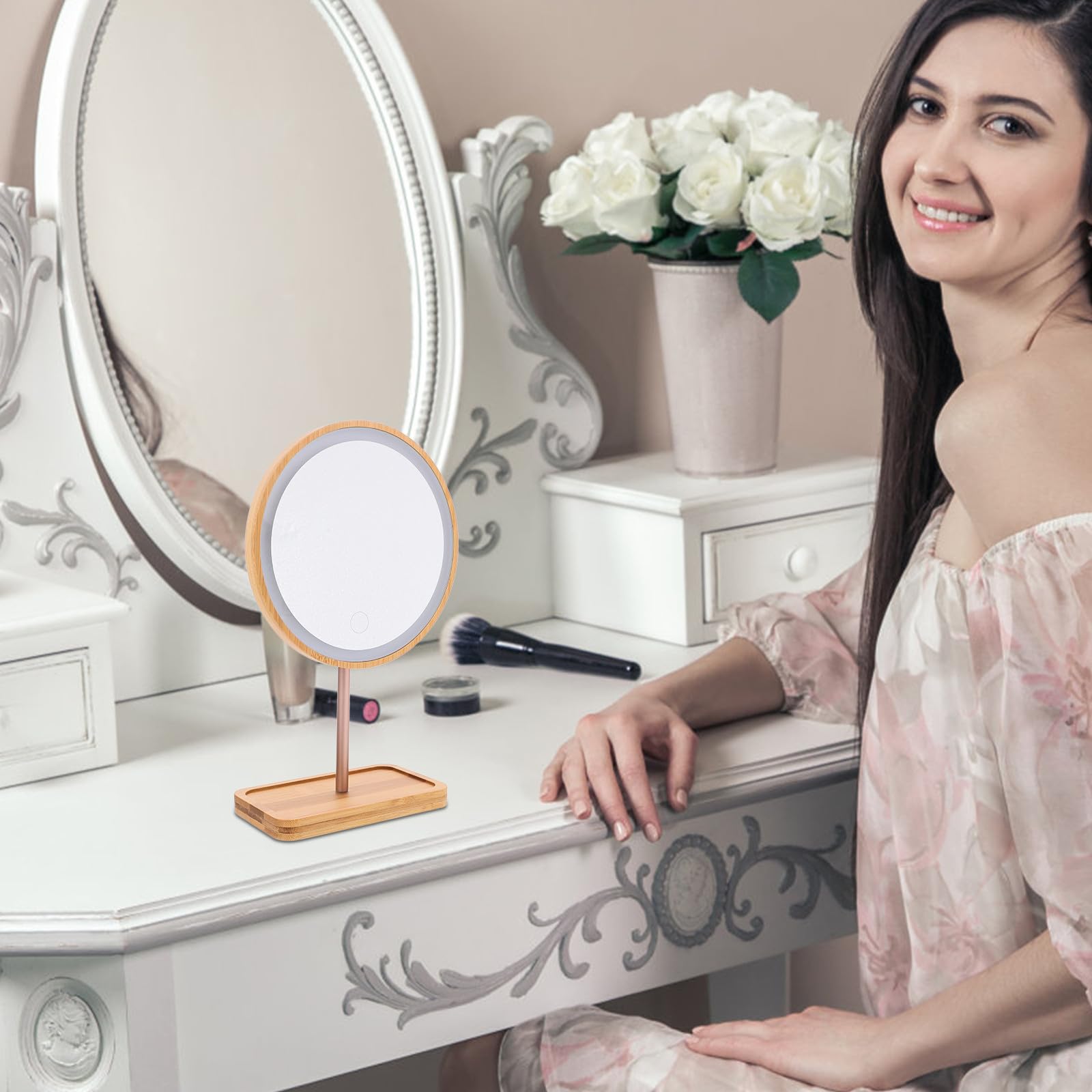 Angoily Miroir de Maquillage Rechargeable 1200ma Lumineux en Bois avec Lampe LED Intégrée et Plateau Style Moderne pour Coiffeuse et Plan de Salle de Bain