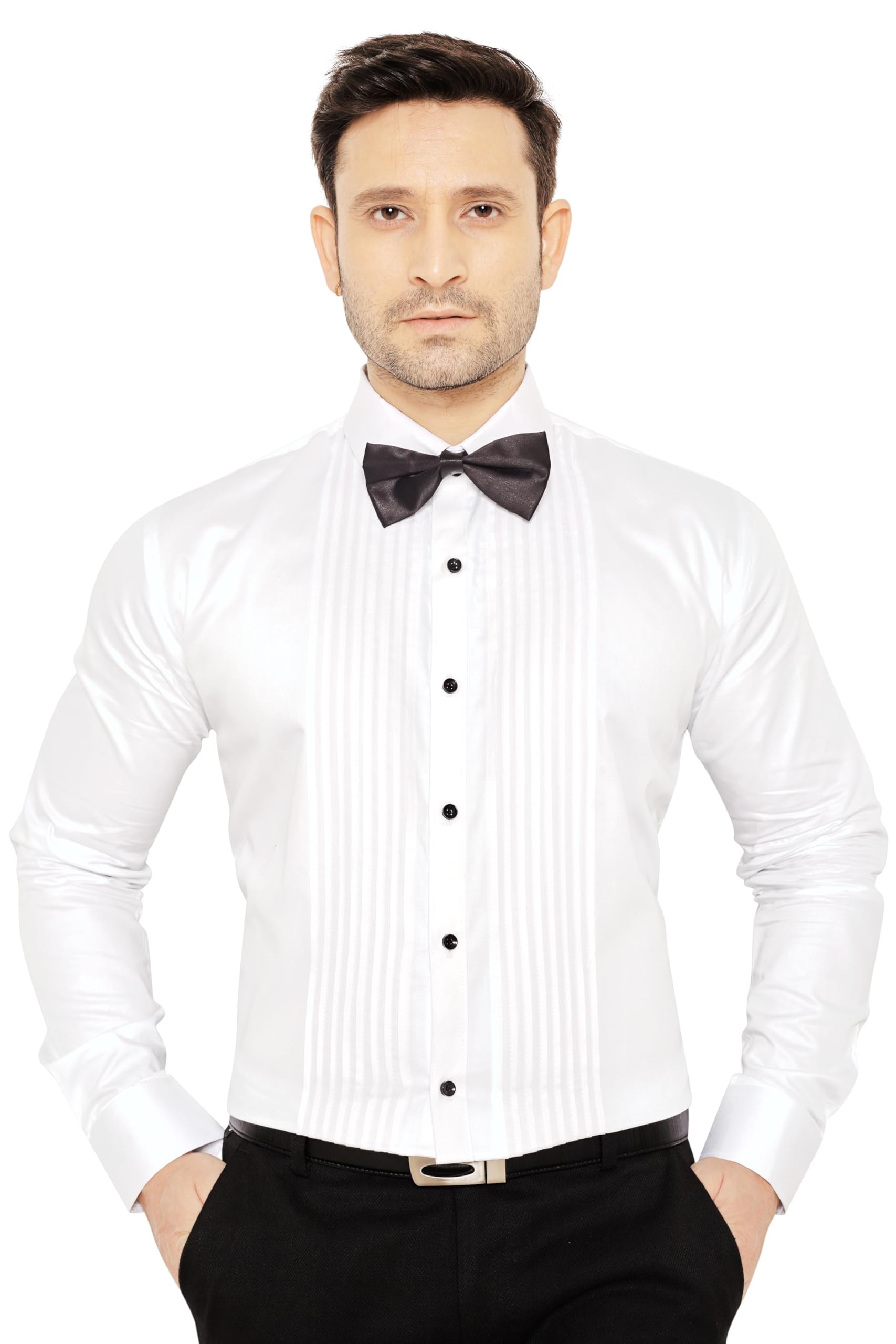 GLOBALRANGMen's Long Sleeve Cut Away Collar White Tuxedo Shirt with Bow Tie