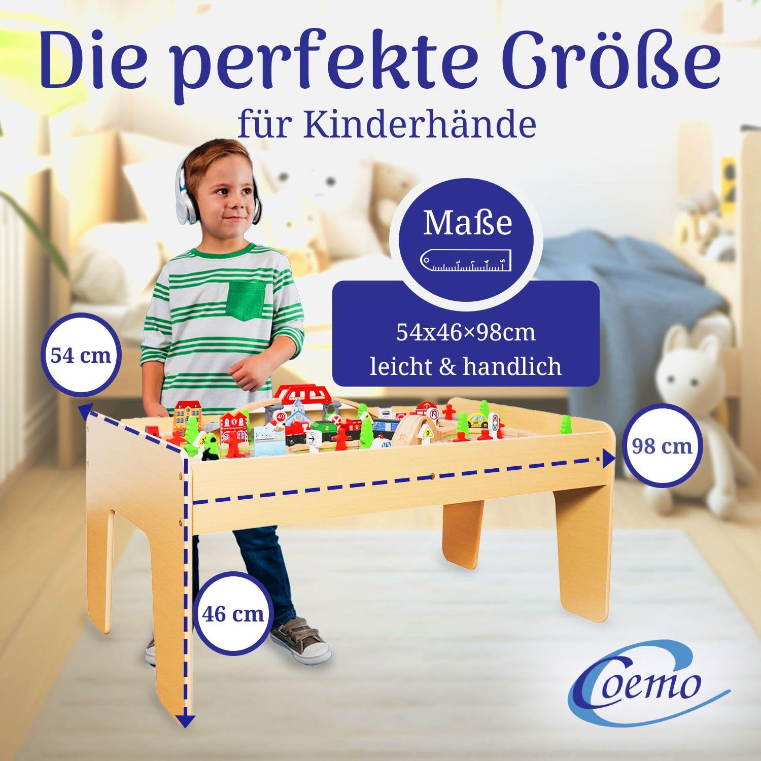Coemo Spieltisch inkl. Set 90-TLG. Holzeisenbahn, Natur, Motorikspielzeug | Mit umkehrbarer, abnehmbarer Tischplatte, Gleise, Zug, Geschenk für Kleinkinder, Jungen und Mädchen ab 3 Jahren