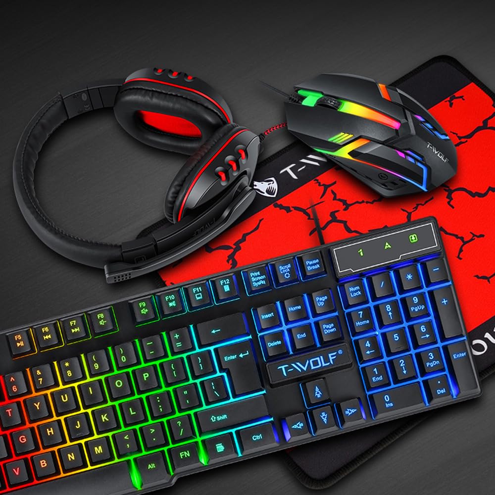 Hanzete TF800 Quattro Pezzi Gaming Combo Tastiera 104 Tasti Mouse Luce Respirante 4 colori Headset Gaming Tappetino per Mouse Antiscivolo