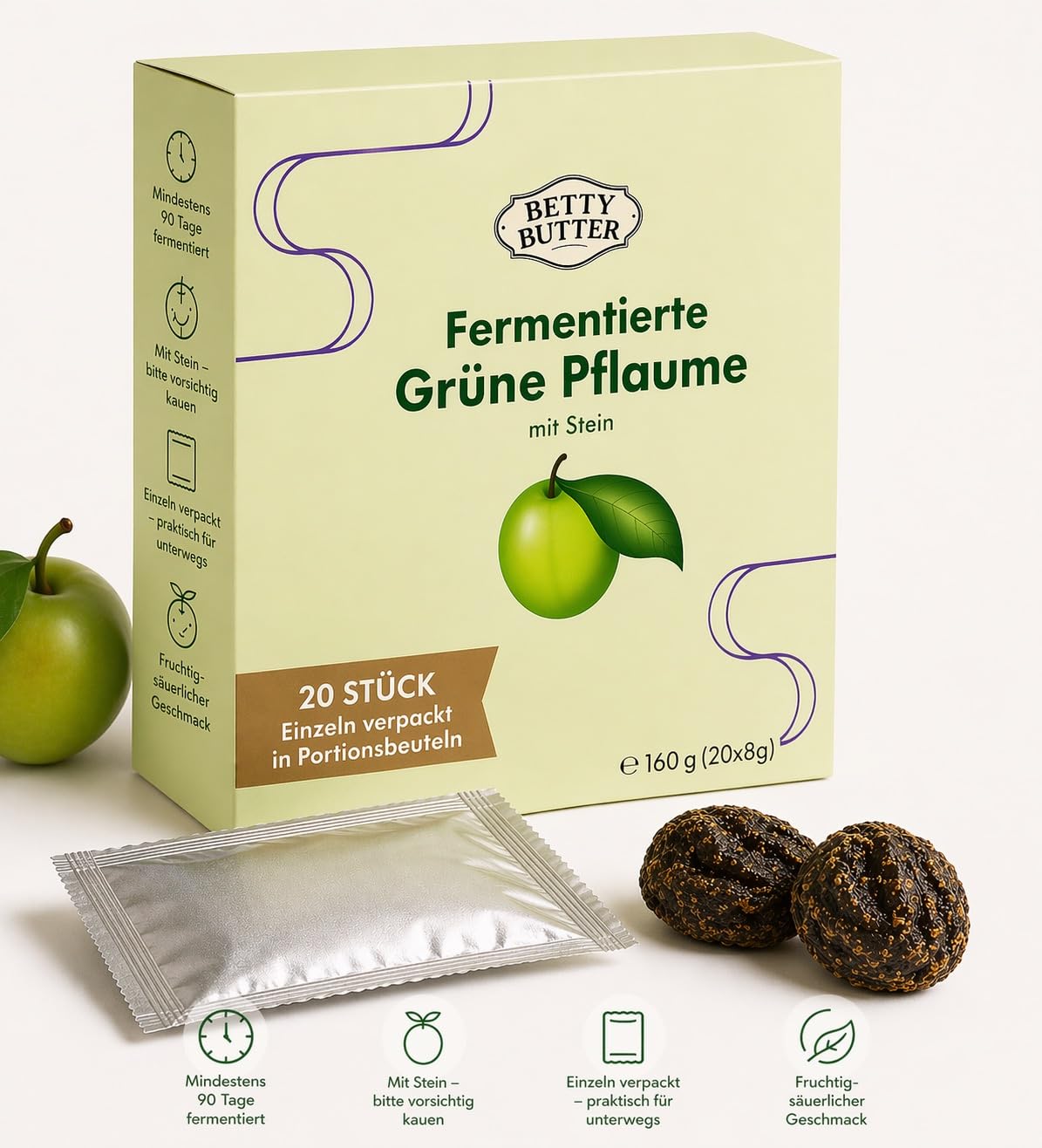 Fermentierte grüne Pflaume mit Stein, 20 Portionsbeutel à 8 g (160 g), fruchtig-säuerlicher Snack mit Matcha-Grünteepulver