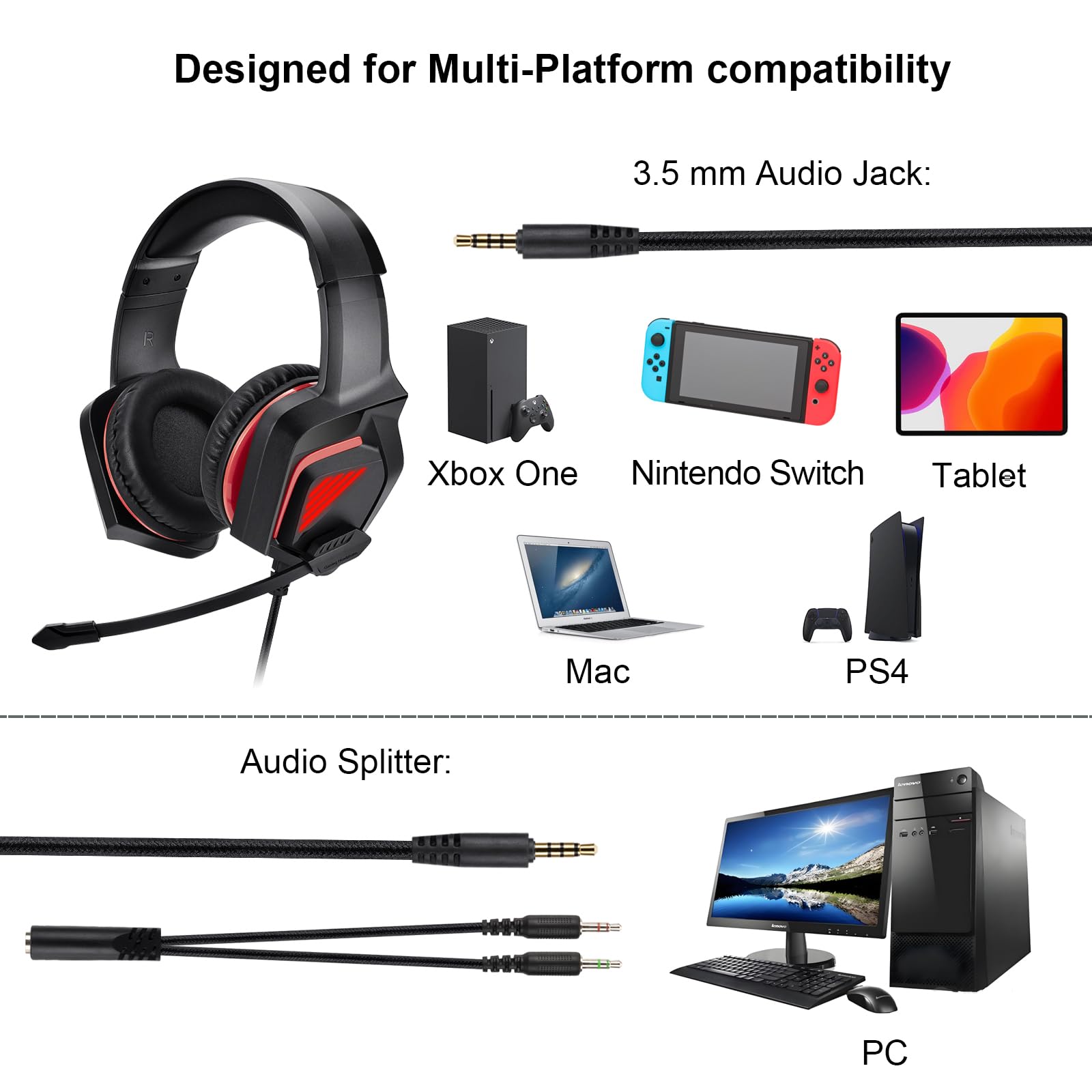 Auriculares estéreo con cable para juegos para PS4, PS5, nuevo controlador Xbox One, PSP, PC, laptop, tablet, auriculares sobre la oreja con puerto de 3.5 mm con micrófono, envolvente de