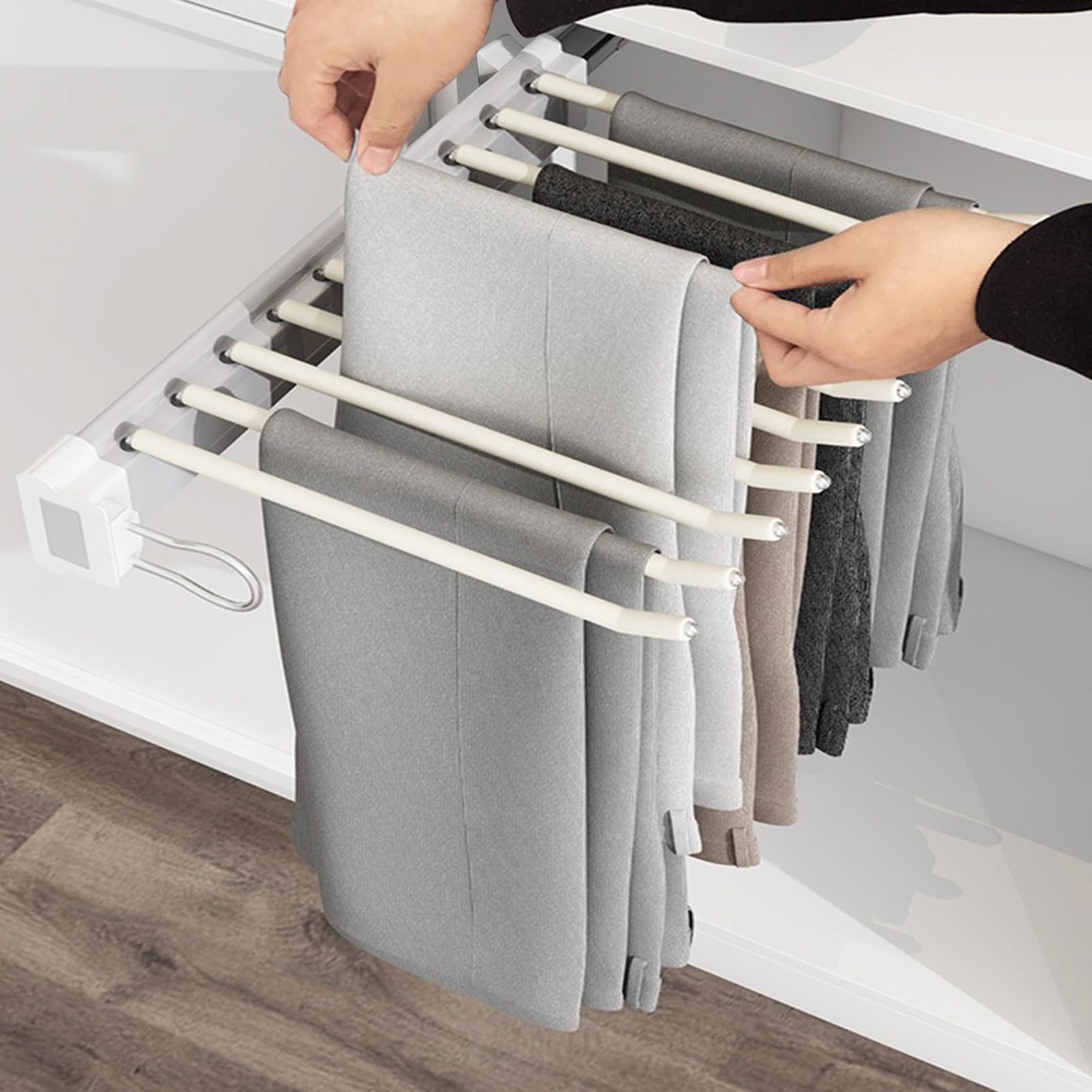 Percha para Pantalones Extensible, 10 Brazos, para Armario 46cm | riel suave, carga 20 kg y ahorro, flocado antideslizante, espacio en armarios, barra extensible para montaje lateral