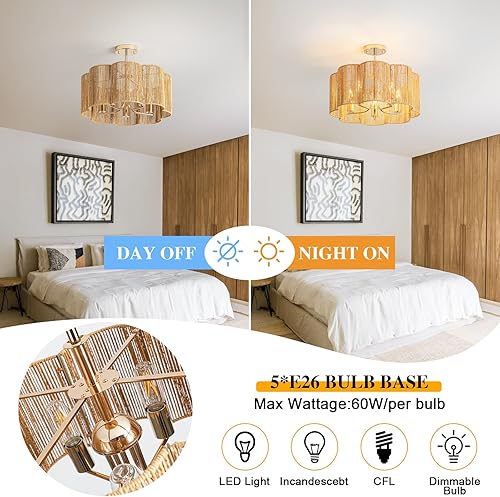 Miniatura 7 de Lámpara de techo de ratán tejida lineal 2 en 1 de 5 luces de 19.6 pulgadas, montaje empotradocolgante convertible para isla de cocina y comedor,