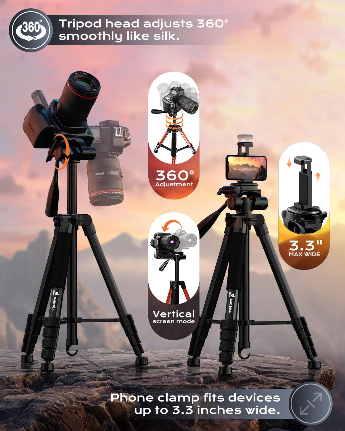 Treppiede per fotocamera da 185,4 cm, compatibile con GoPro/DSLR/cellulare/videocamera, treppiede professionale in alluminio con supporto per telefono, borsa da viaggio, carico massimo 4 kg (nero)