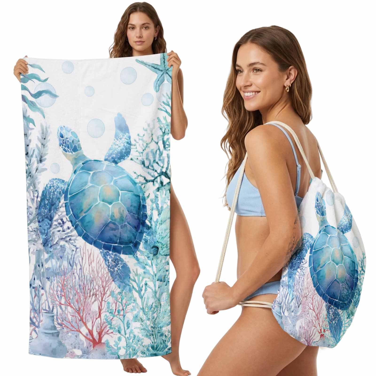 FWJZDSP Beach Towel Backpack, Summer Watercolor Blue Sea Turtles 2-in-1 Foldable Soft Microfiber Quick Dry Beach Towel 31.5x63in Marine Life Corals Lightweight Pool Towels Bag for Travel, Yoga, Gym
