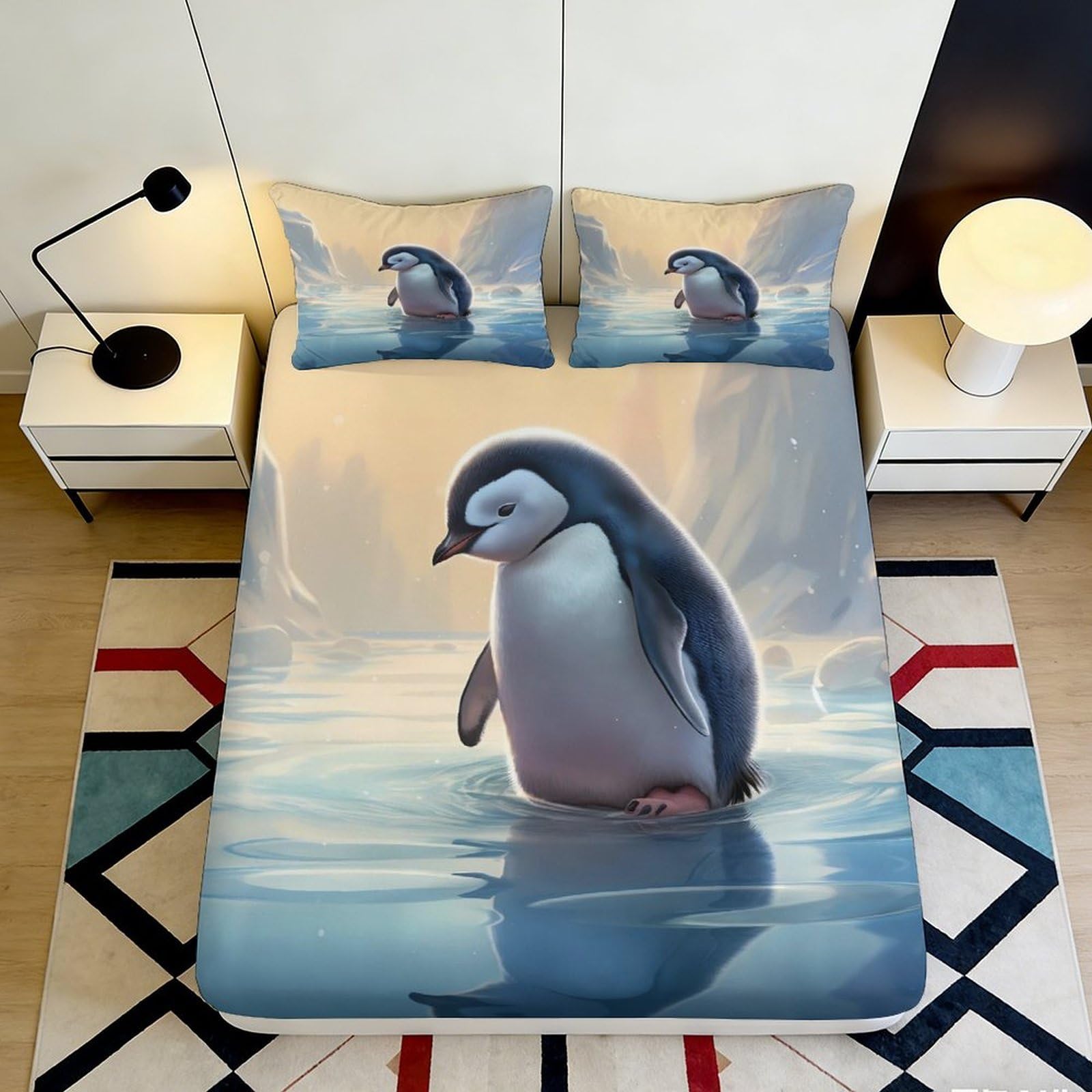 3D Printed Penguin Design Fitted Sheet Microfiber Soft Breathable Ice Scene Bed Cover for Bedroom Dormitory Guest Room Mattress Protection 160x200x25cm