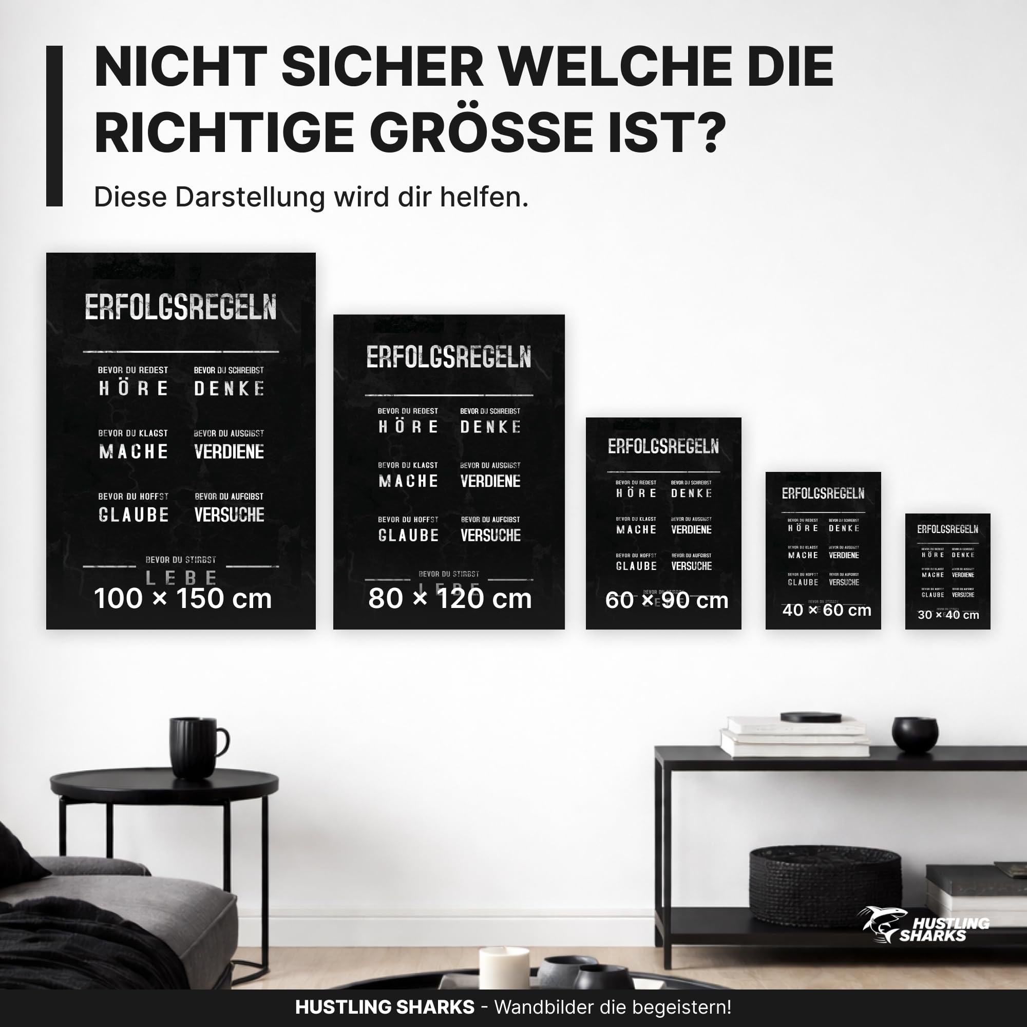 Hustling Sharks® Motivationsbild „Erfolgsregeln“ – Leinwand 40 × 60 cm | XXL Motivationsbild im Hochformat, Bilder Büro, Erfolg Bild, Bilder Spruch, Wanddeko Büro, Bilder Motivation