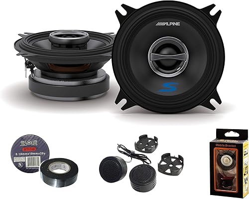 Alpine S-S40 S-Series - Altavoces coaxiales de 2 vías de 4 pulgadas (par) - Contiene paquete de placa adaptadora de 4 x 6