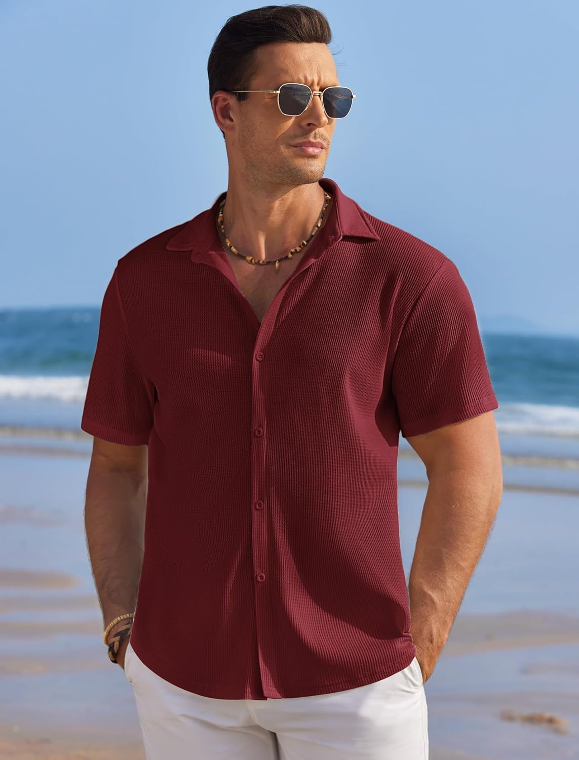 COOFANDY Men's Casual Shirts Short Sleeve Waffle Knit Button Down Shirt Wrinkle Free Summer Beach Tops - Image 2