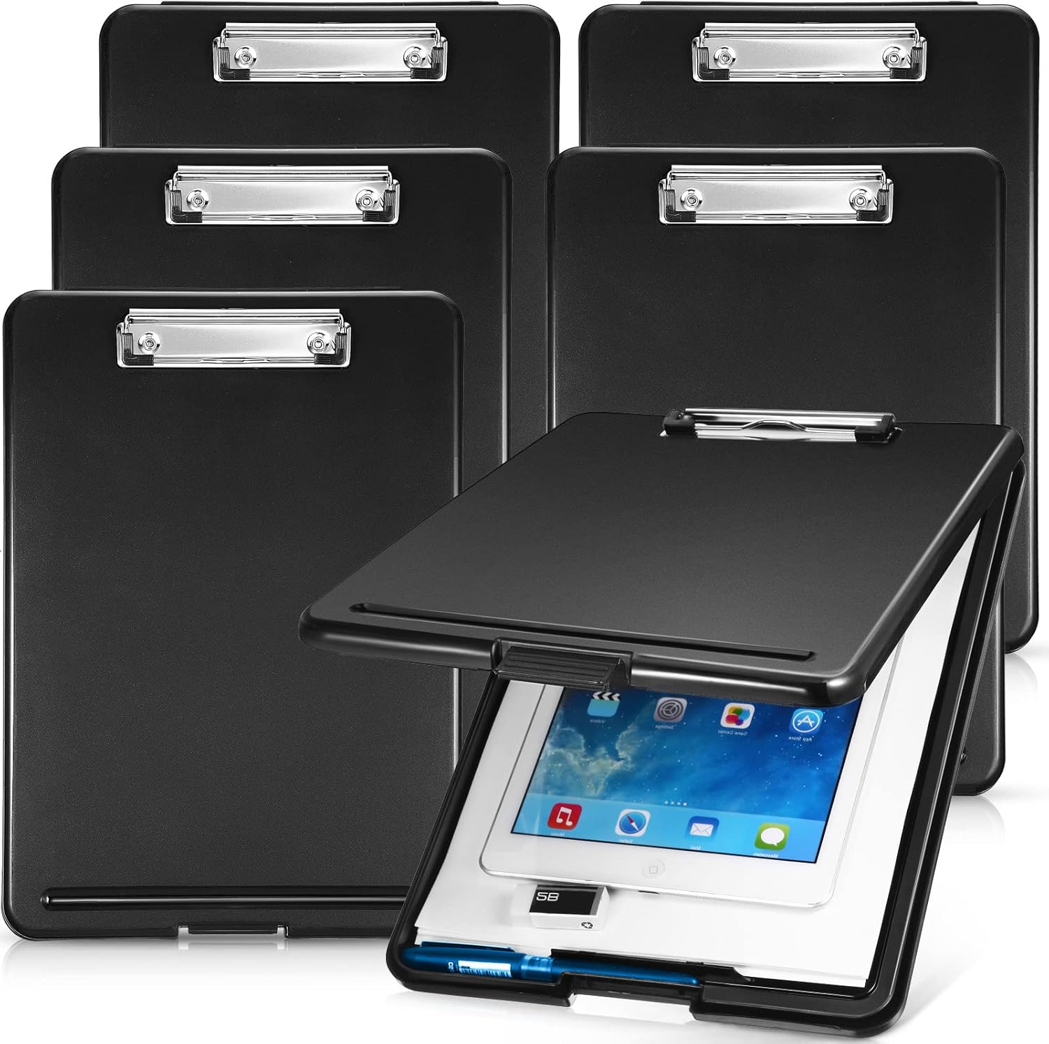 6 Pieces Clipboard with Storage, 9.5 x 13.5 Heavy Duty Plastic Storage Clipboard, Nursing Foldable Clip Board with Compartment and Metal Clip for Nurse Teacher Student Classroom Office (Black)