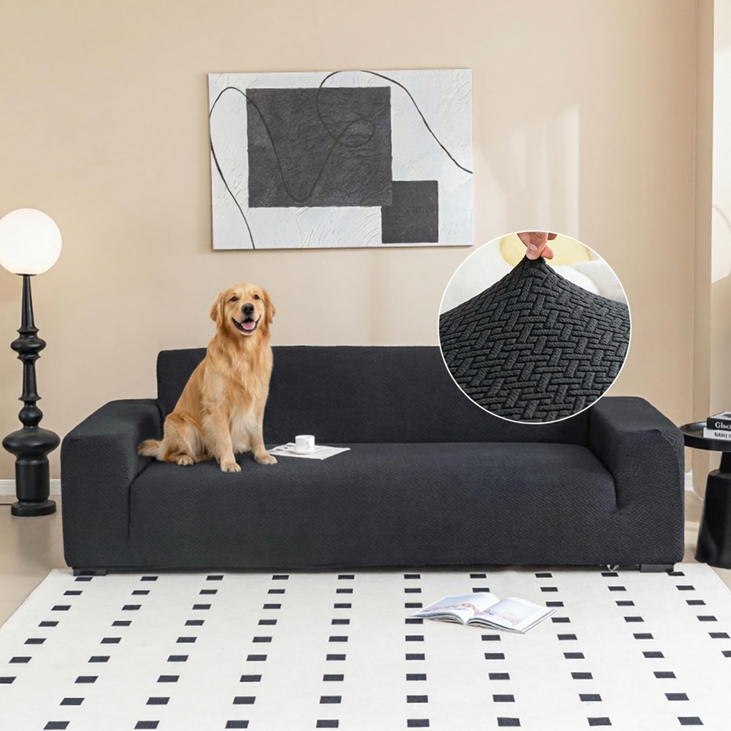 Funda de Sofá 3 Plazas 170-220cm, Elástica Jacquard Cubre Sofá con Reposabrazos Antideslizante Protector de Muebles para Perros Gatos -Negro