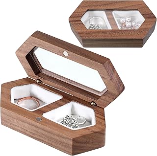 Qulkws Wood Ring Box with Clear Top Engagement for Wedding Ceremony, Ring Holder for 2 Rings, Jewelry Display Box, Proposal Wedding Ceremony Ring Bearer Box for Valentine's Day, Romantic Gifts