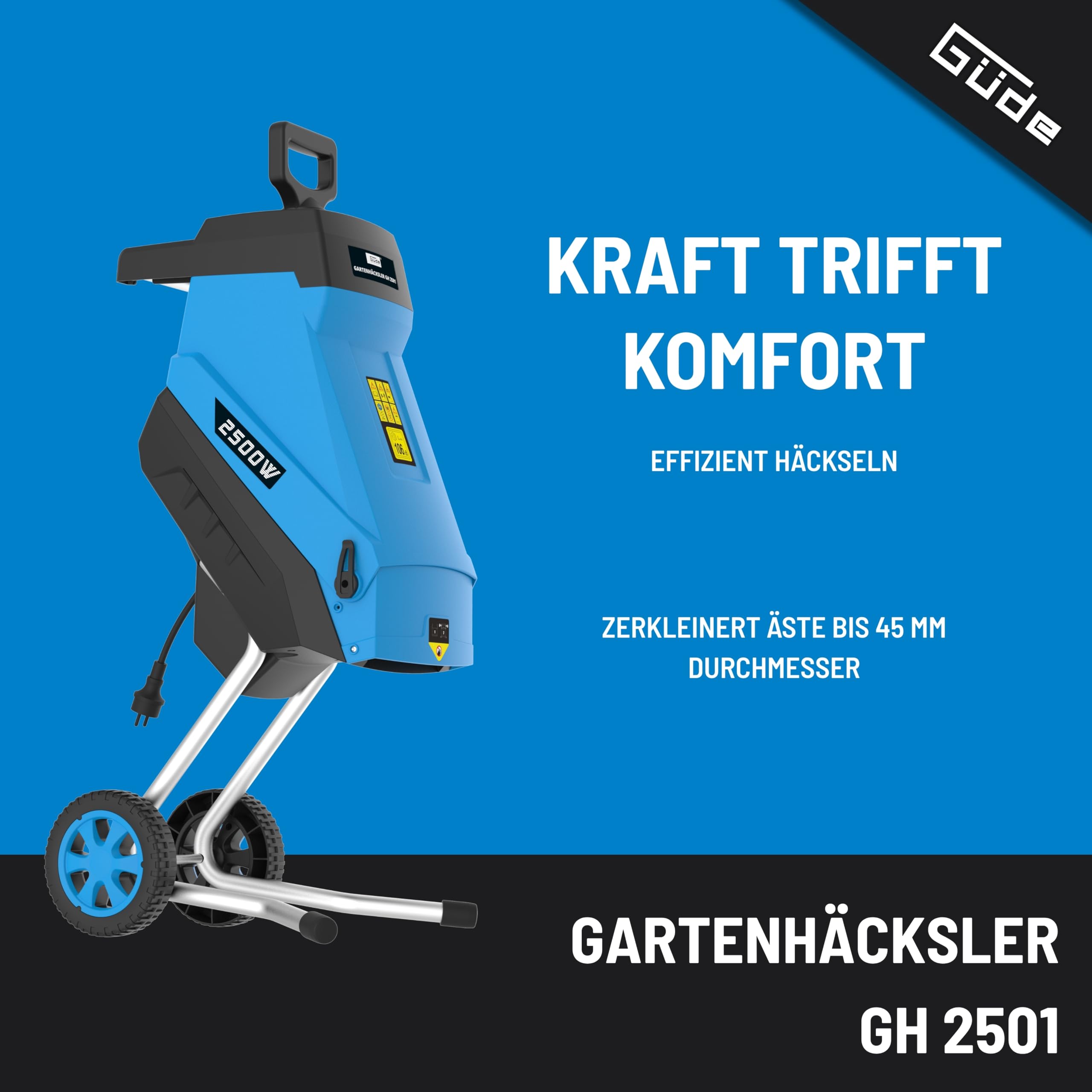 Güde Gartenhäcksler GH 2501 2500 W Messertechnik Selbsteinzug max. Astdicke 45 mm inkl. Fangsack 45 L