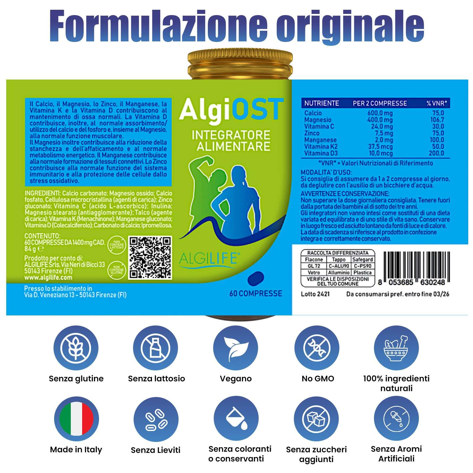 Calcio Magnesio Zinco e Vitamina D3 K2, Vitamina C, Manganese (60 Compresse Vegane) AlgiOST ALGILIFE - ZMA Integratore Magnesio, Calcio Integratore, Zinco Integratore per Ossa, Denti, Articolazioni