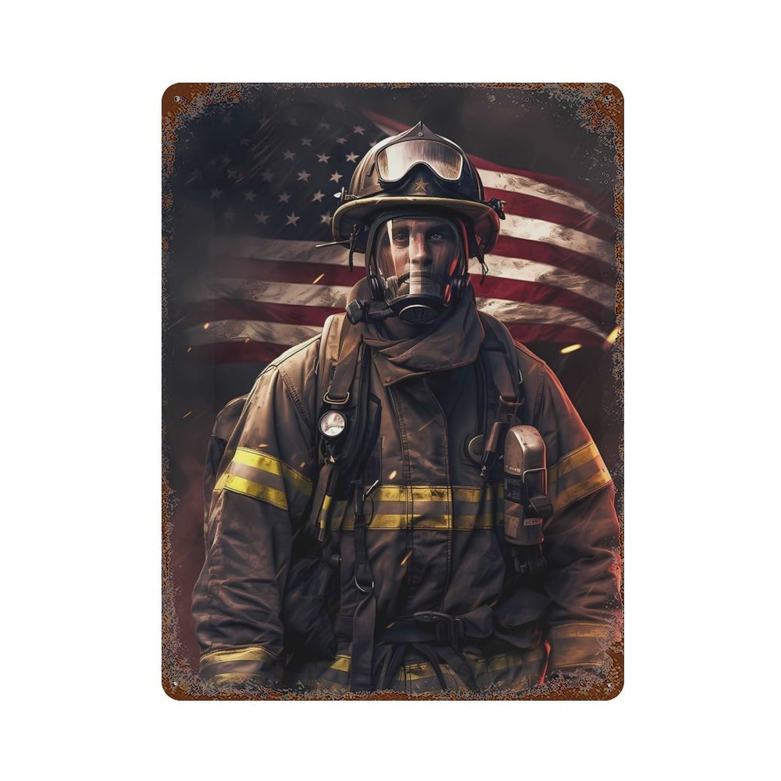 Firefighter USA Weathered Tin Sign 15.7"x11.8", Rustic Home Decor for Office, Studio And Wall Decor