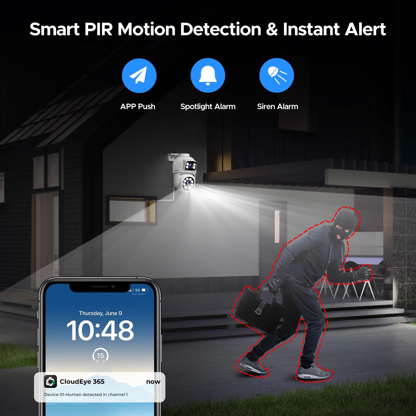 CAMCAMP 4MP Kit Videosorveglianza POE Doppia Lente, 8CH NVR Kit Telecamere Videosorveglianza POE con 500GB HDD,4X2K PTZ Telecamera IP,Visione Notturna a Colori,Rilevamento Movimento,Auto Tracciamento