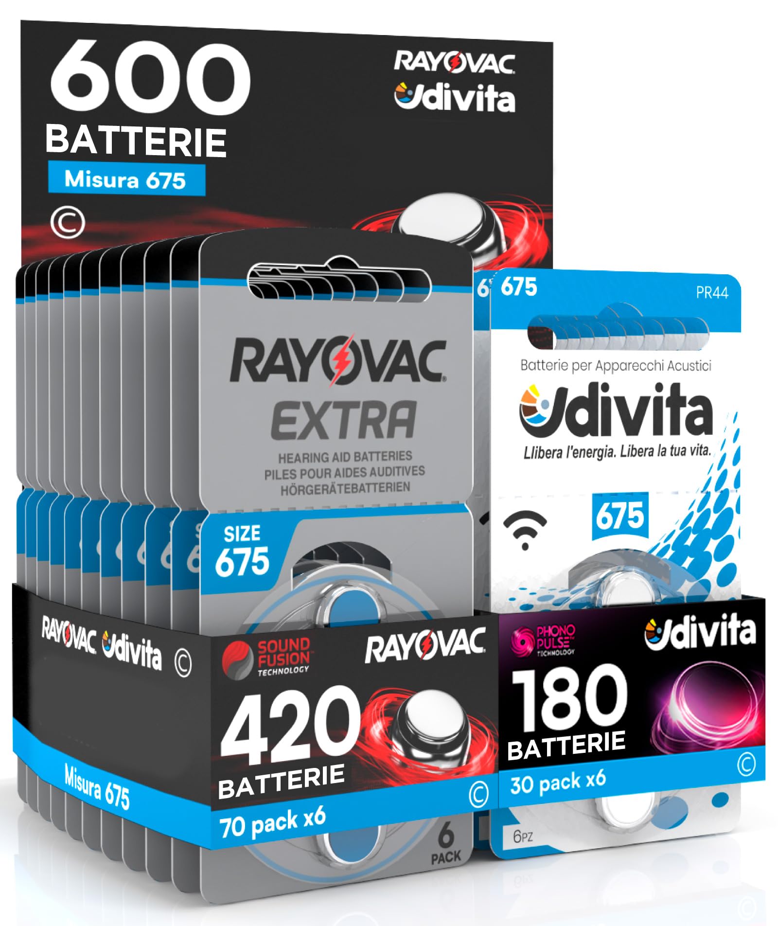 600 Batterie per Apparecchi Acustici Misura 675 PR44 Blu Zinco-Aria Phono Pulse Technology in 10 Blister da 6 Pile - 600 Batterie: 420 Rayovac + 180 Udivita