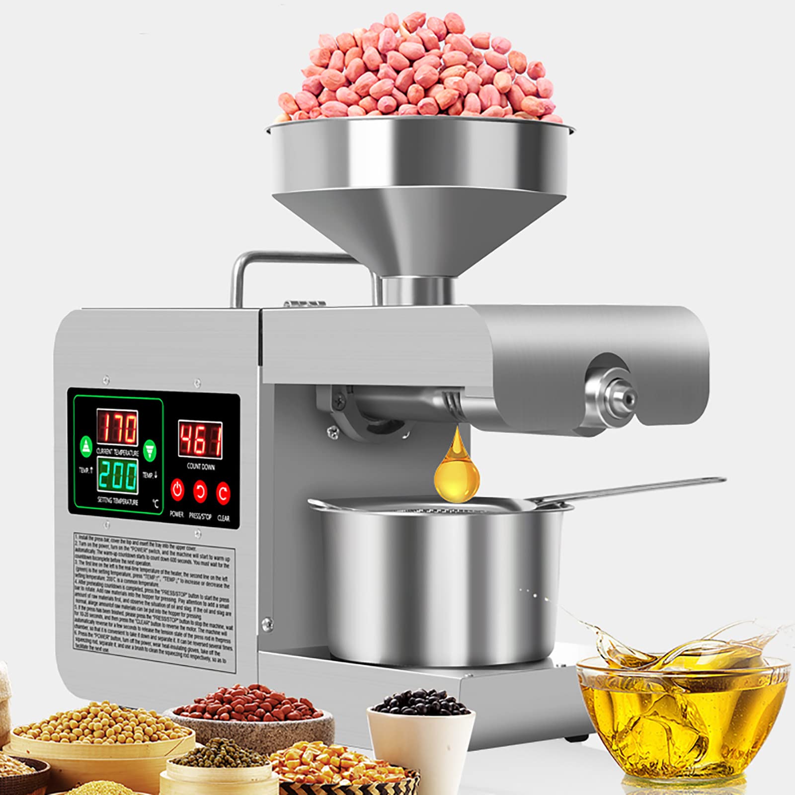MYUYEE 600W Automatic Oil Press Machine With Smart Panel, Oil Ex-Tractor Expeller Machine Hot/Cold Oil Press For Nuts Walnut Linseed Almond Rapeseed Sesame Stainless Steel