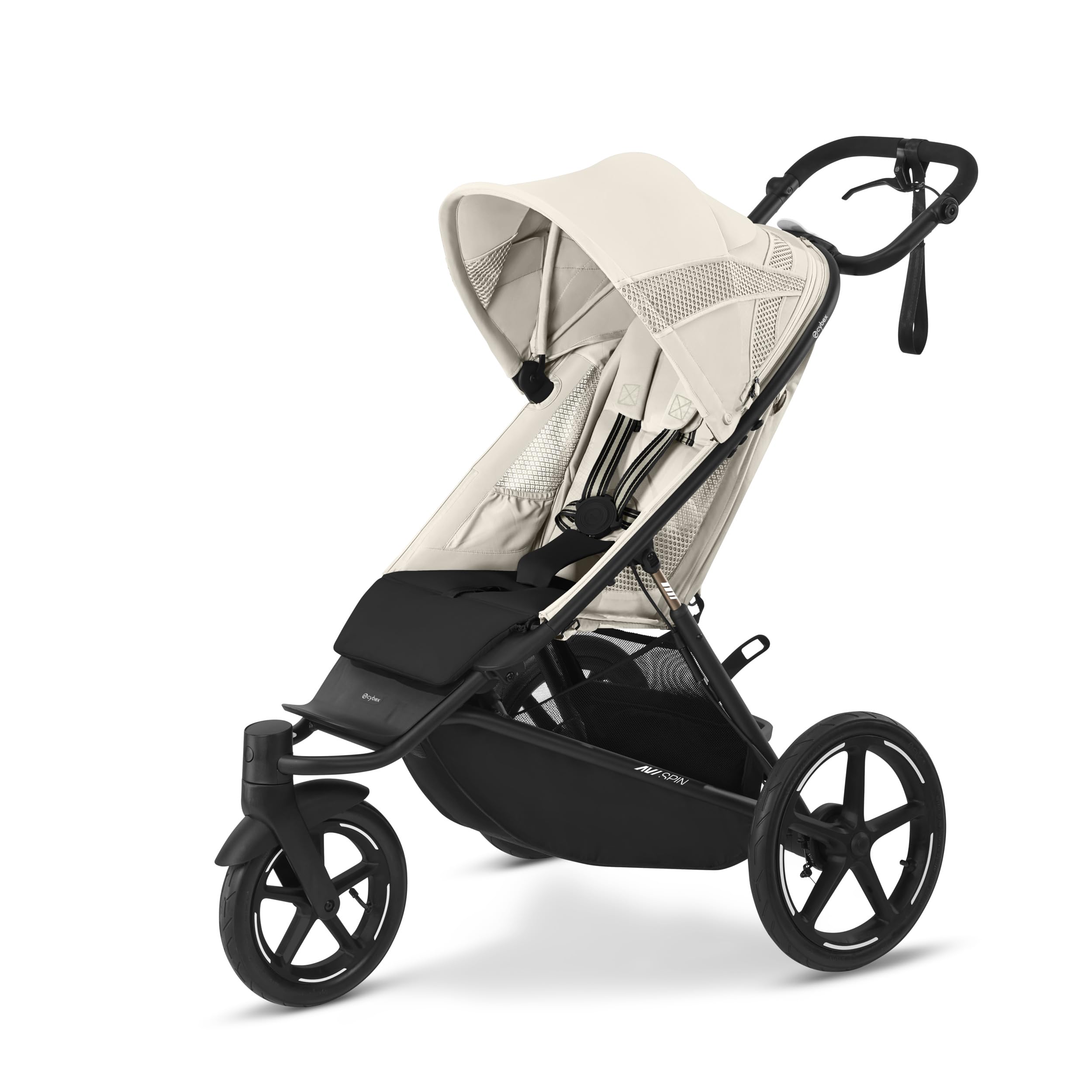 Cybex Avi Spin Jogging Stroller – Lightweight, All-Terrain Wheels, Adjustable Handlebar, Smooth Ride, Ideal for Active Parents, Compact fold, removable wheels, Seashell Beige with Black Frame