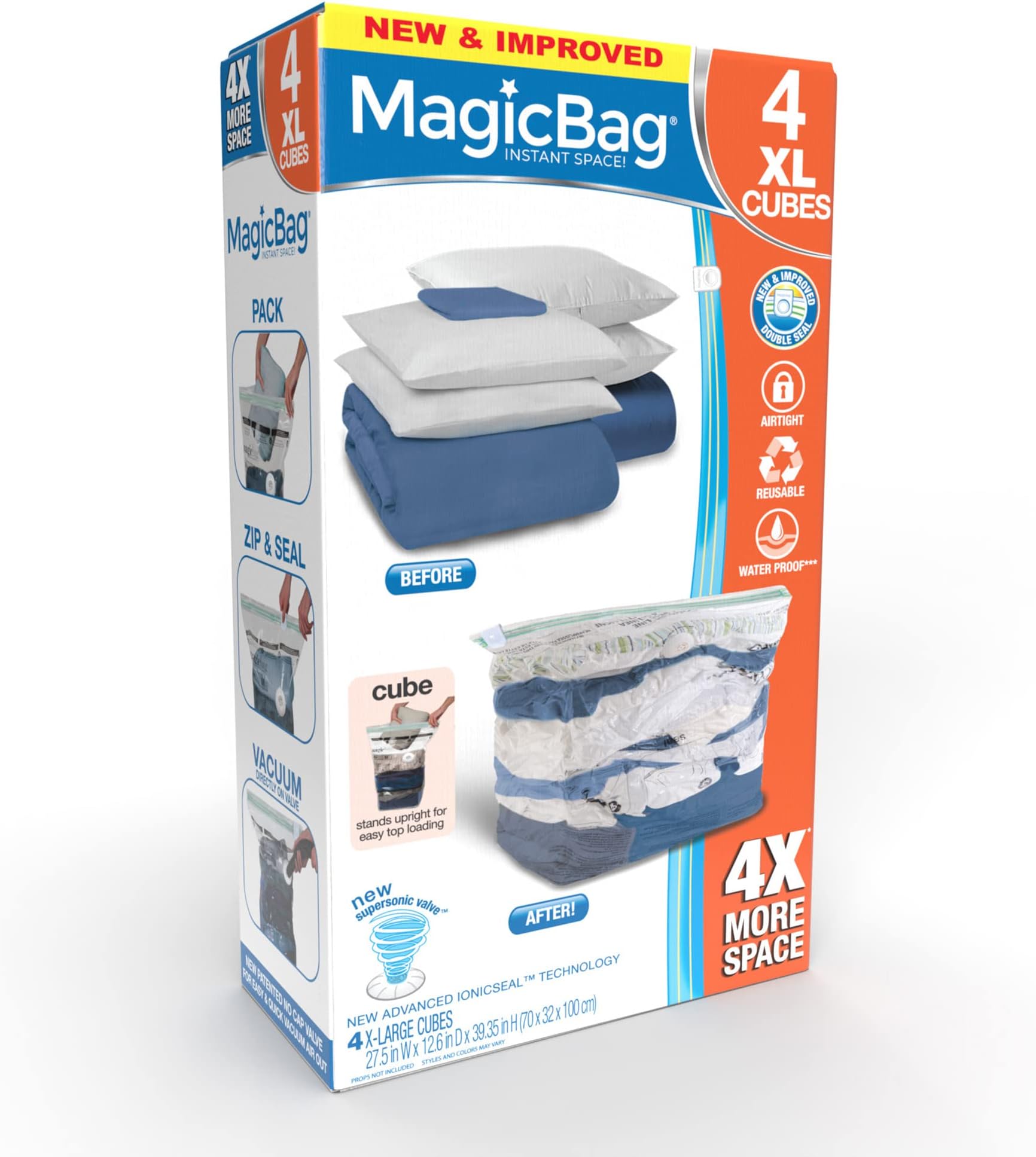Smart DesignMagicBag Cube Vacuum Storage Bags – Extra Large Size, 4 Bags – Standing Space Saver Vacuum Storage Bags with Airtight Double Zipper for Easy Home Organization and Storage
