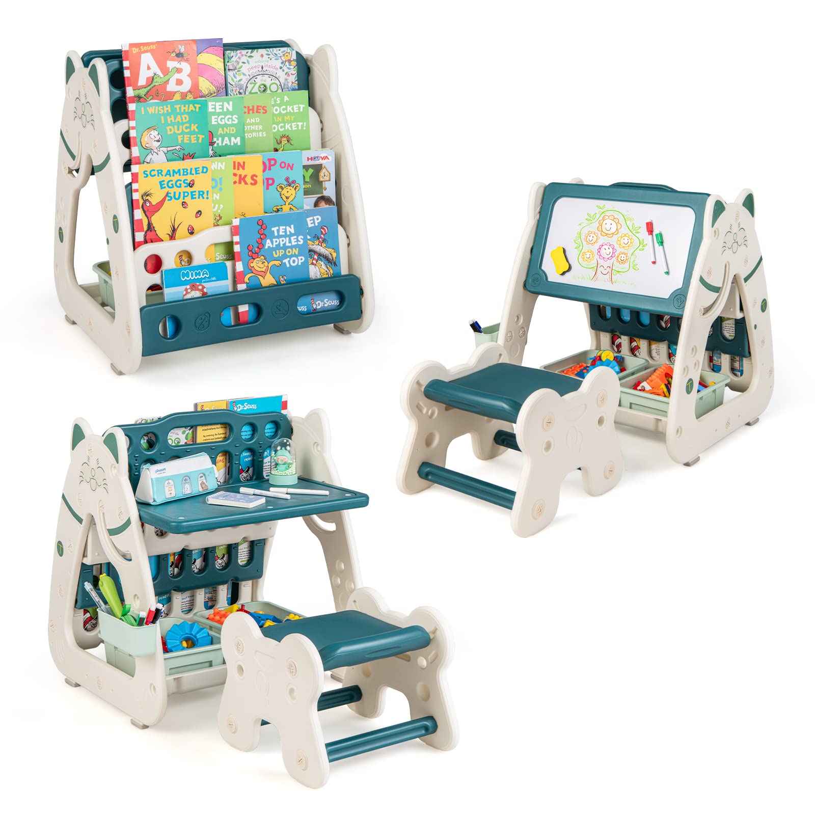 HONEY JOY Kids Table and Chair Set, 3 in 1 Convertible Art Easel & Display Bookshelf w/Magnetic Painting Board, Bottom Storage Shelf, Children