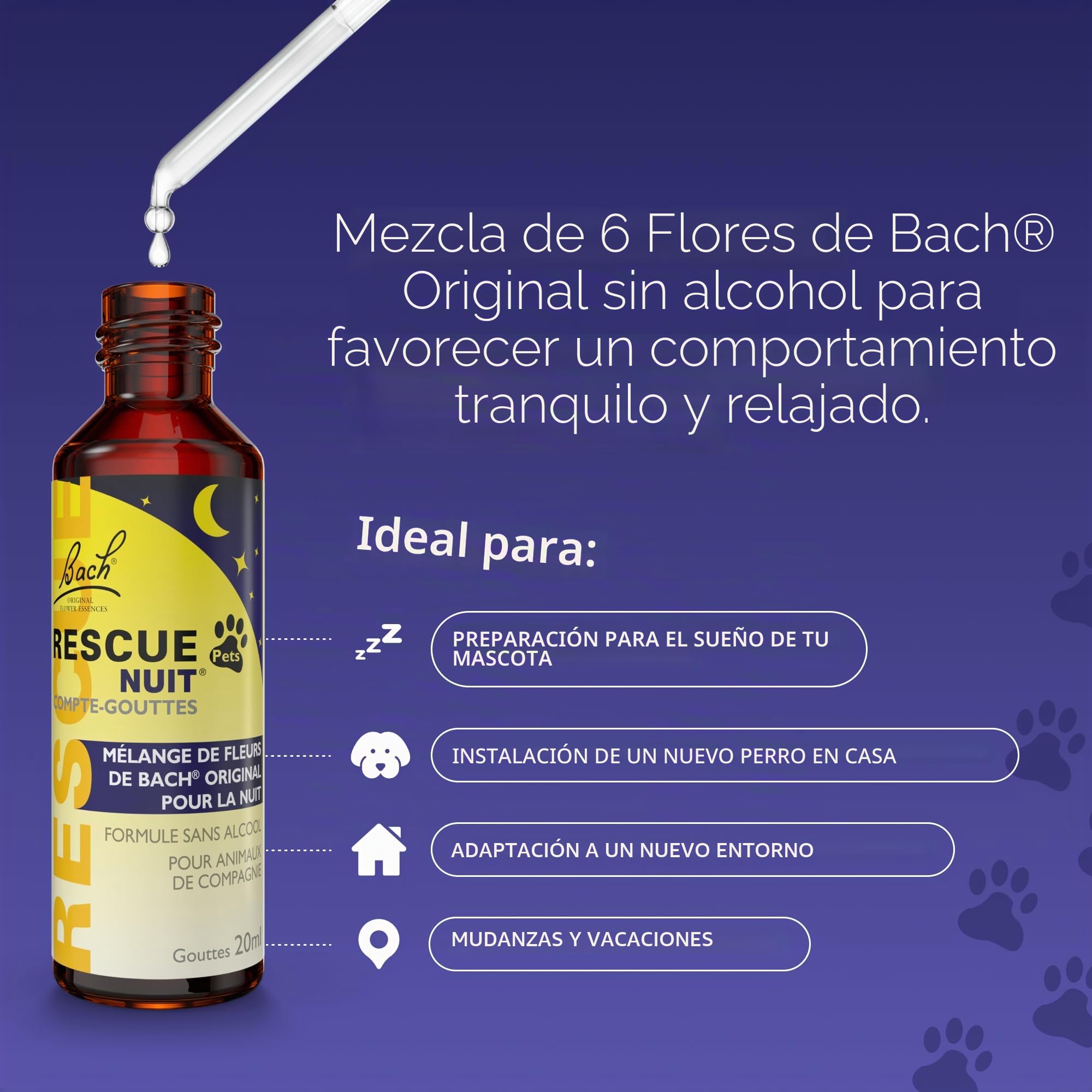 RESCUE NOIT PETS – Cuentagotas – Serenidad para animales – Ideal para viajar, aseo, ruido, vegano y sin alcohol – 20 ml