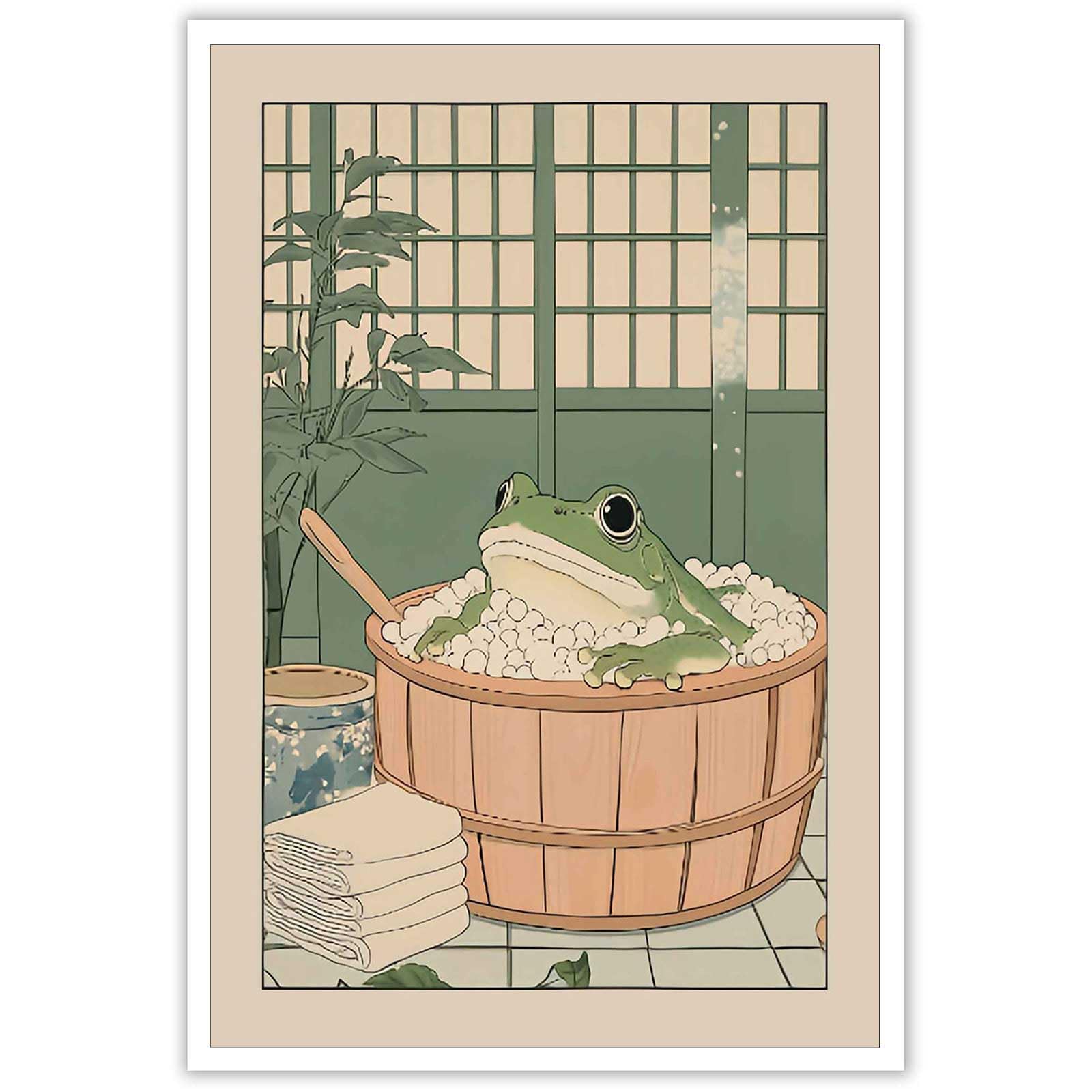 Japanese Frog In Bathtub Wall Art Bathroom Green Animal Frog Canvas Posters Japan Neutral Minimalist Aesthetic Prints Painting For Living Room Bedroom