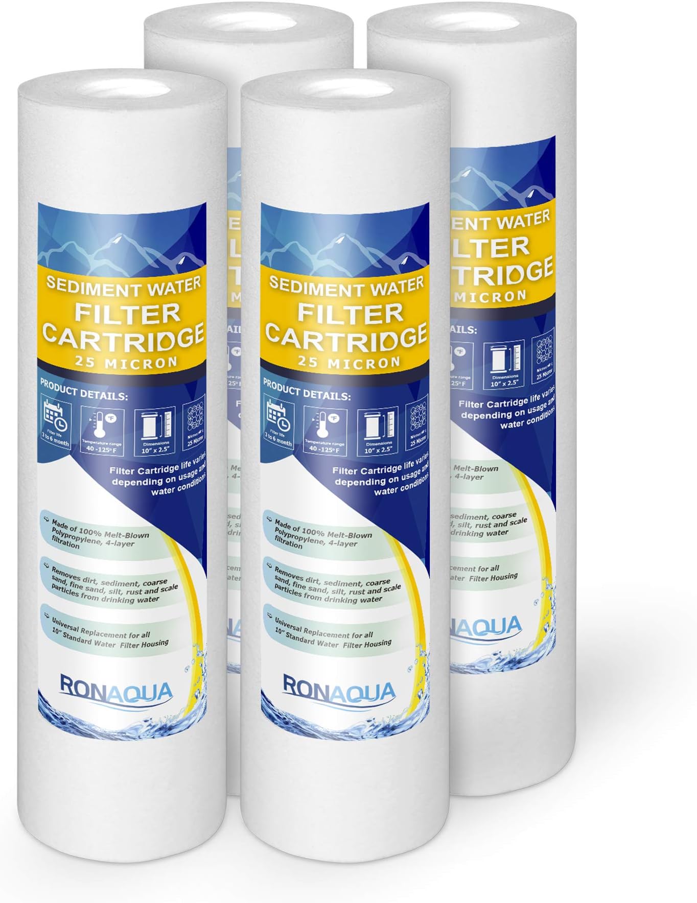 25M-4PK 25-Micron Sediment Water Filter Cartridge WELL-MATCHED with P5, AP110, WFPFC5002, CFS110, RS14, WHKF-GD05, 4-Pack