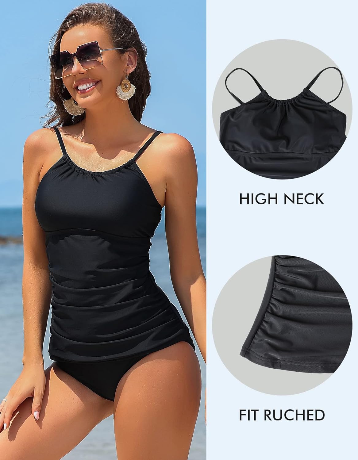 ANFILIA Womens Tankini Tops High Neck Bathing Suit Tops Slim Fit Ruched Swim Tops Only UPF50+ - Image 4