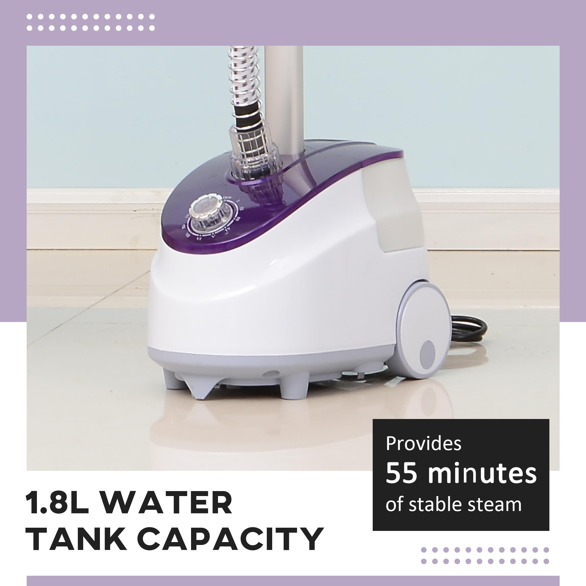 Dampfglätter Vertikal Dampfglätter für Kleidung 1,8 l 1800 W Dampfausstoß 30 g/min Teleskopstange weiß violett 12