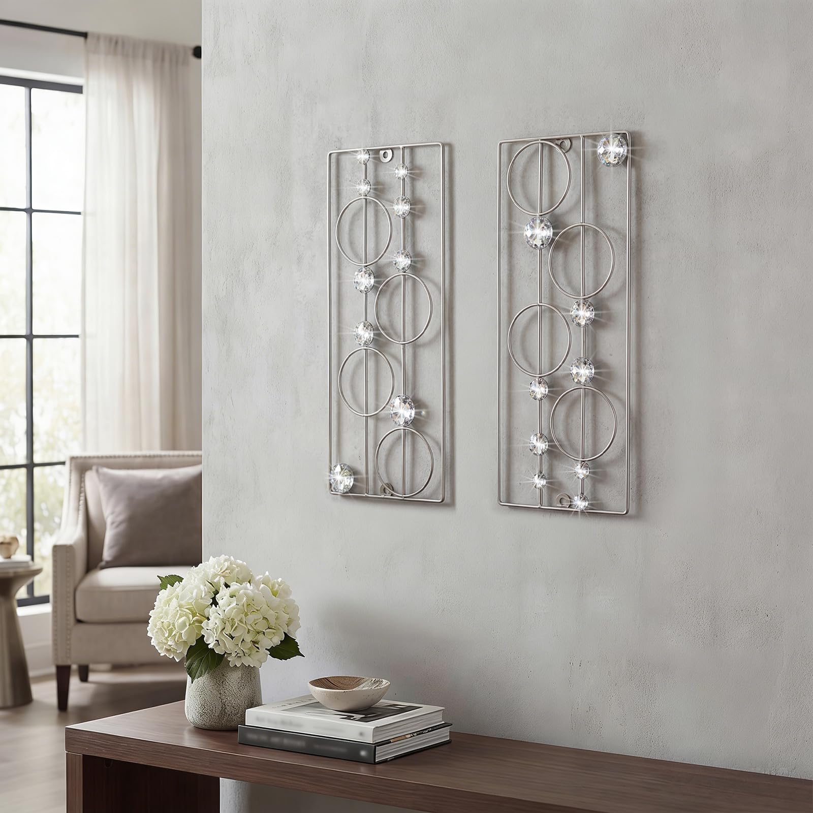 ZEXUIRU 2 Pcs Abstract Metal Art for Wall Decor Living Room Bedroom Bathroom Office Metal Bling Modern Geometric Hanging Vertical Small Iron Sculpture Plaque Pack -Silver 15.7in