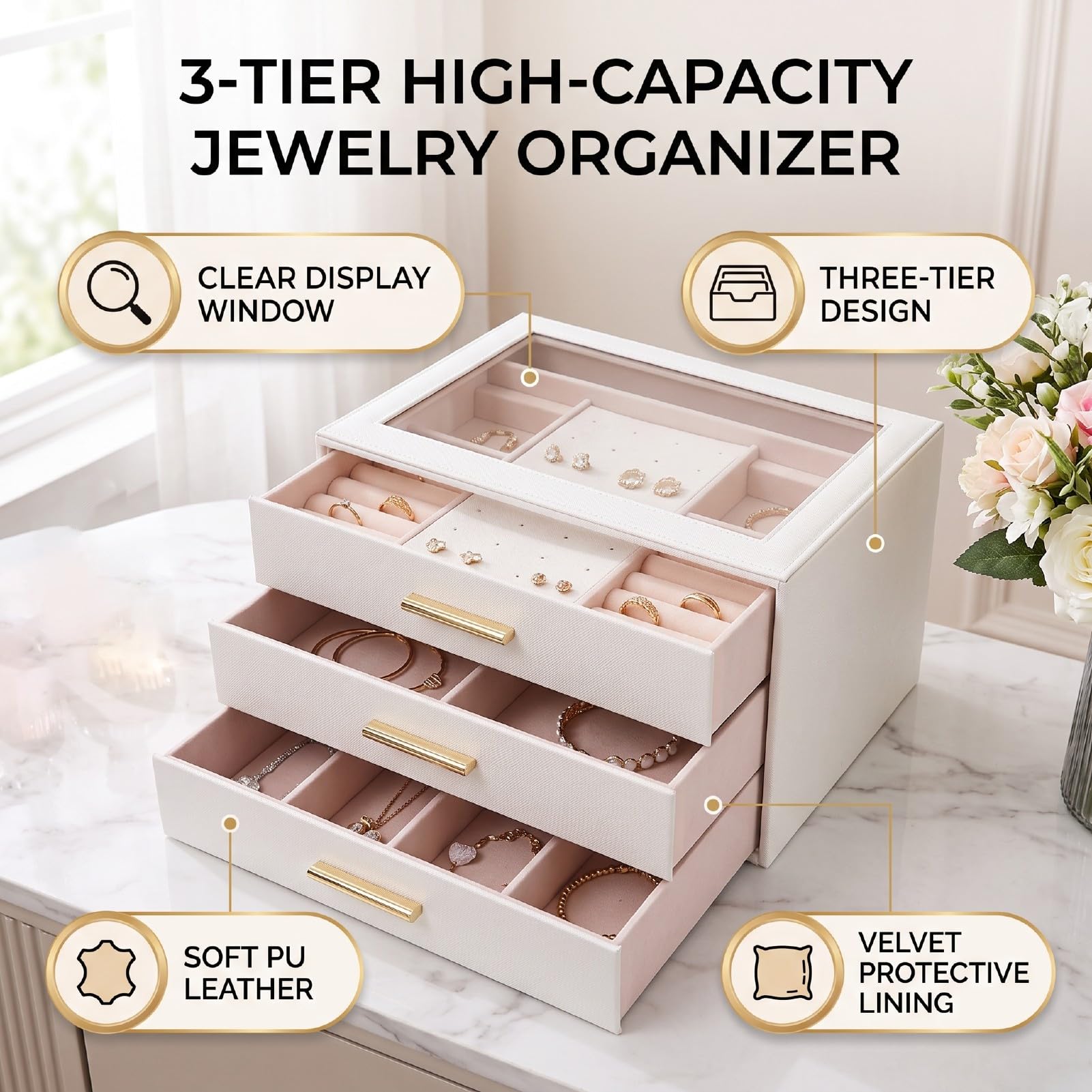Bandejas de Almacenamiento de Joyas con Ventana de Vidrio, 3 Capas | Interior de Cuero PU y Terciopelo, Divisores Ajustables, Pantalla a Prueba de Polvo, Diseño Portátil para Pulsera de Collar