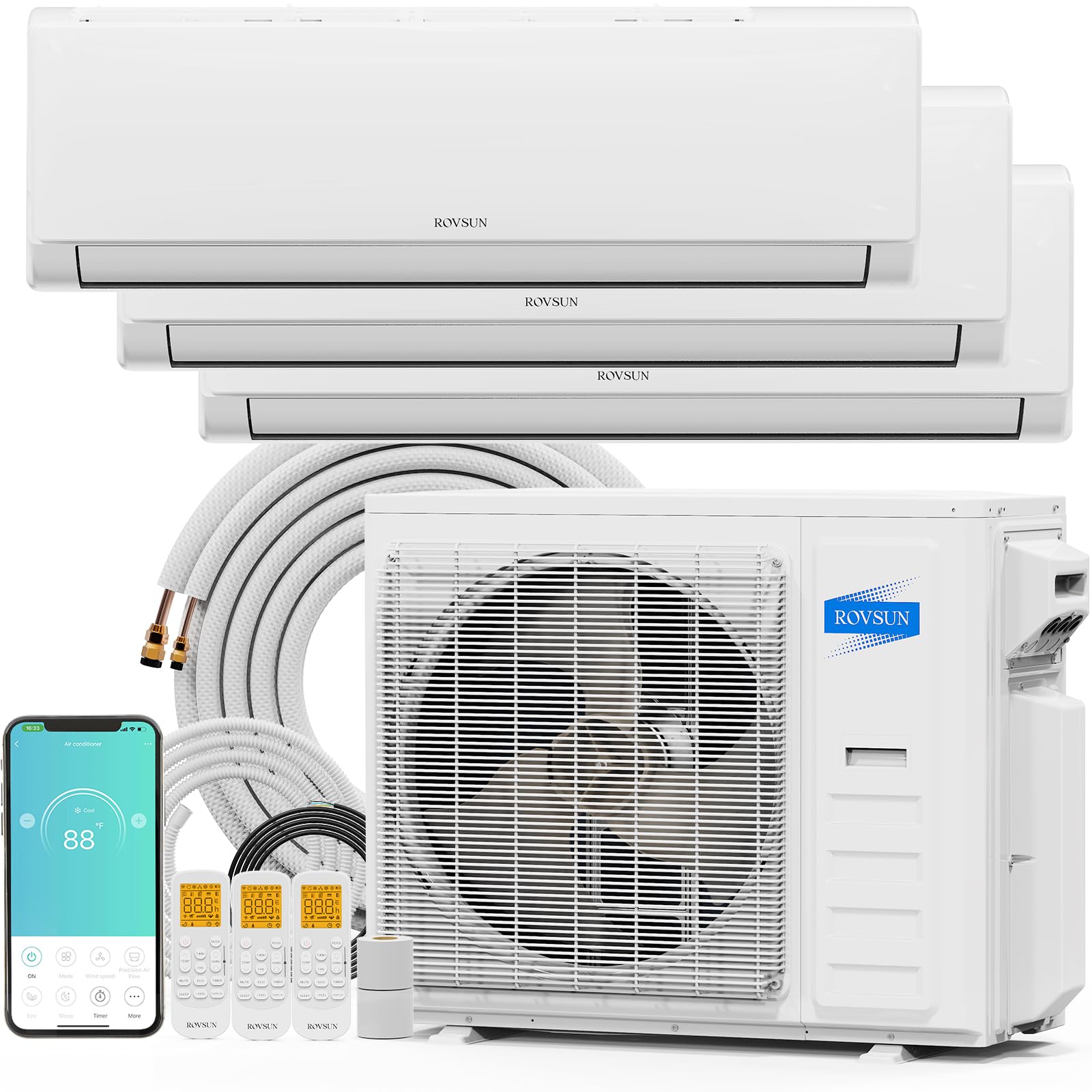 ROVSUN 38000 BTU Tri Zone WIFI Mini Split AC/Heating System, 20 SEER2 3 Zone (9K/9K/18K) BTU Ductless Split Air Conditioner with Pre-Charged Condenser