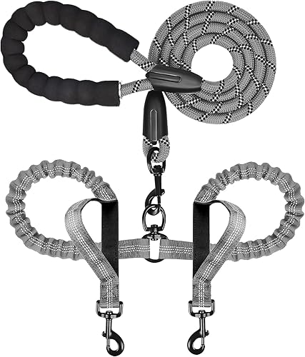 Miniatura 7 de Correa doble para perro para dos perros, resistente ajustable sin enredos, correa elástica retráctil dividida múltiple para caminar a 2 perros, 5.5