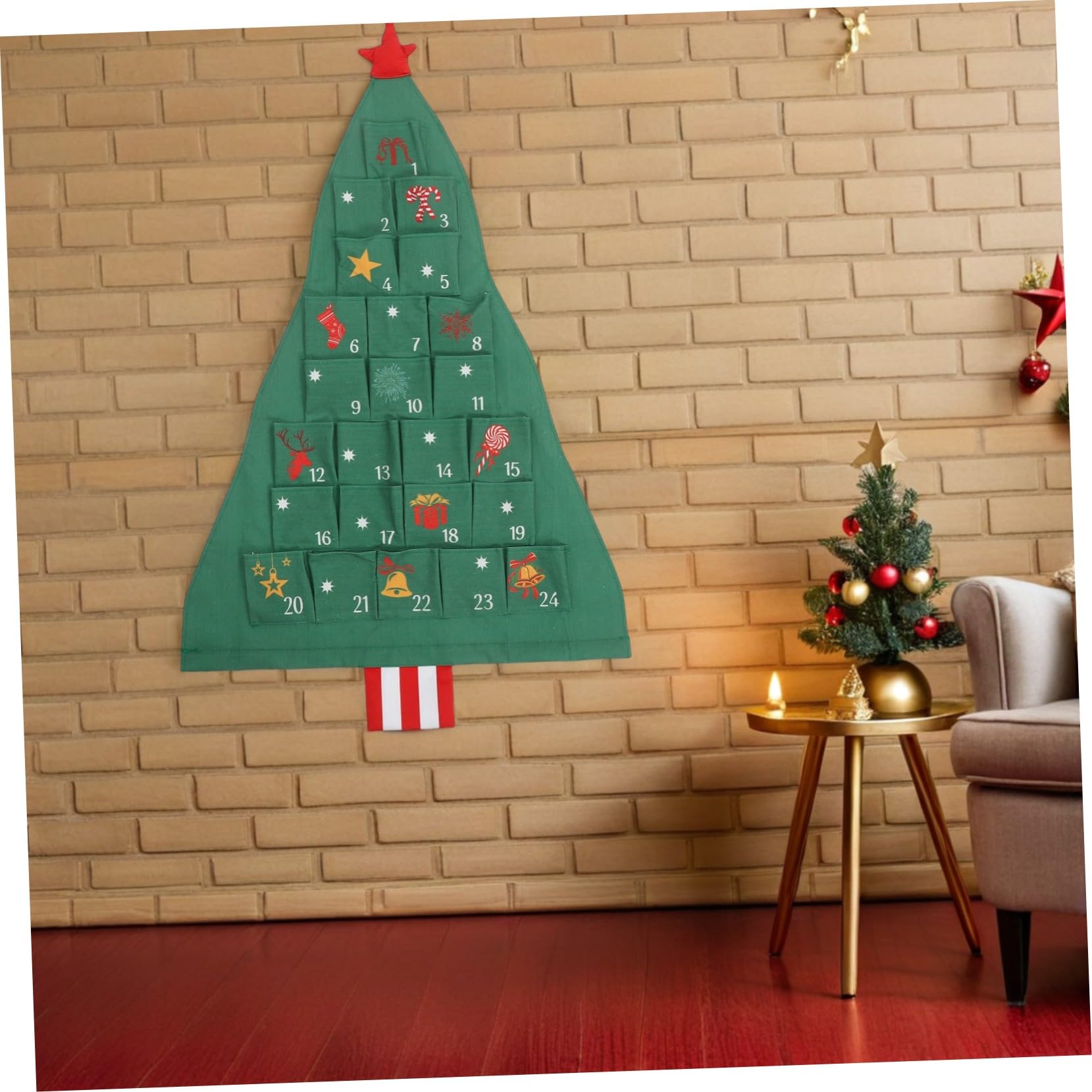 Calendario Avvento Riutilizzabile Appeso Forma di Albero Verde con Grandi in Cotone Lino Calendario Conto alla Rovescia Natalizio Fai da Te per Famiglie