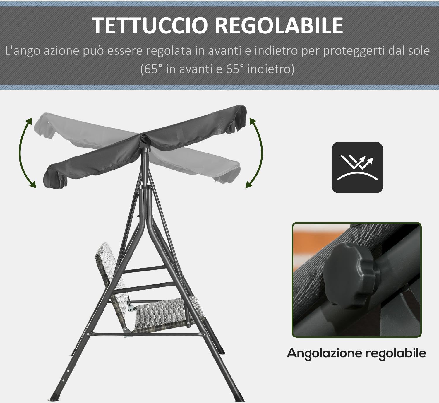 Dondolo da Giardino 3 Posti con Tettuccio Parasole in Acciaio/Rattan PE Dimensioni 167x112x153 cm Colore Grigio Scuro