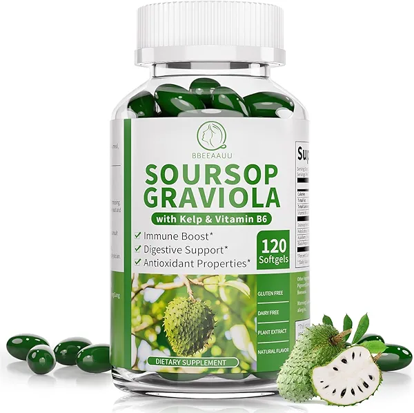 BBEEAAUU Soursop Graviola Capsules with Kelp, for Cell Regeneration, Enhances Immunity, Digestive Support, Anti-oxidant* Properties, Gluten Free, Vegan, 120 Counts