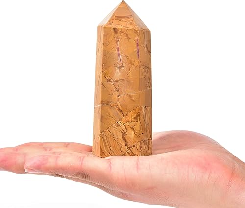 JIC Gem Torre de cristal curativo grande de grano de madera, piedra de cuarzo con punta de torre de obelisco, decoración de meditación hexagonal