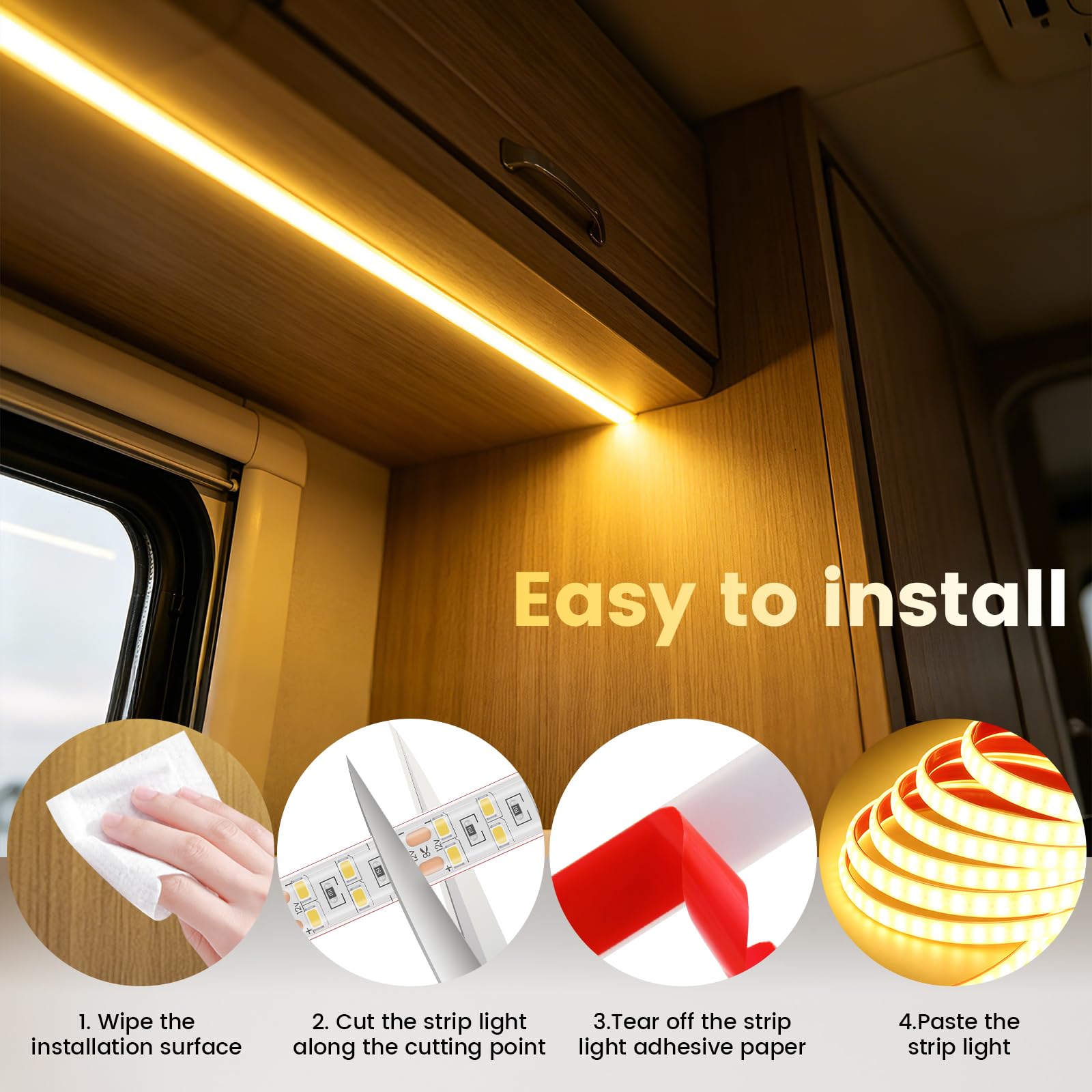 KISUFU 12V LED Streifen Licht, IP68 wasserdicht 2835 SMD 240 LEDs/m CRI90+ Selbstklebend LED Strip mit Stromversorgung für Schlafzimmer, DIY Küche Dekoration.