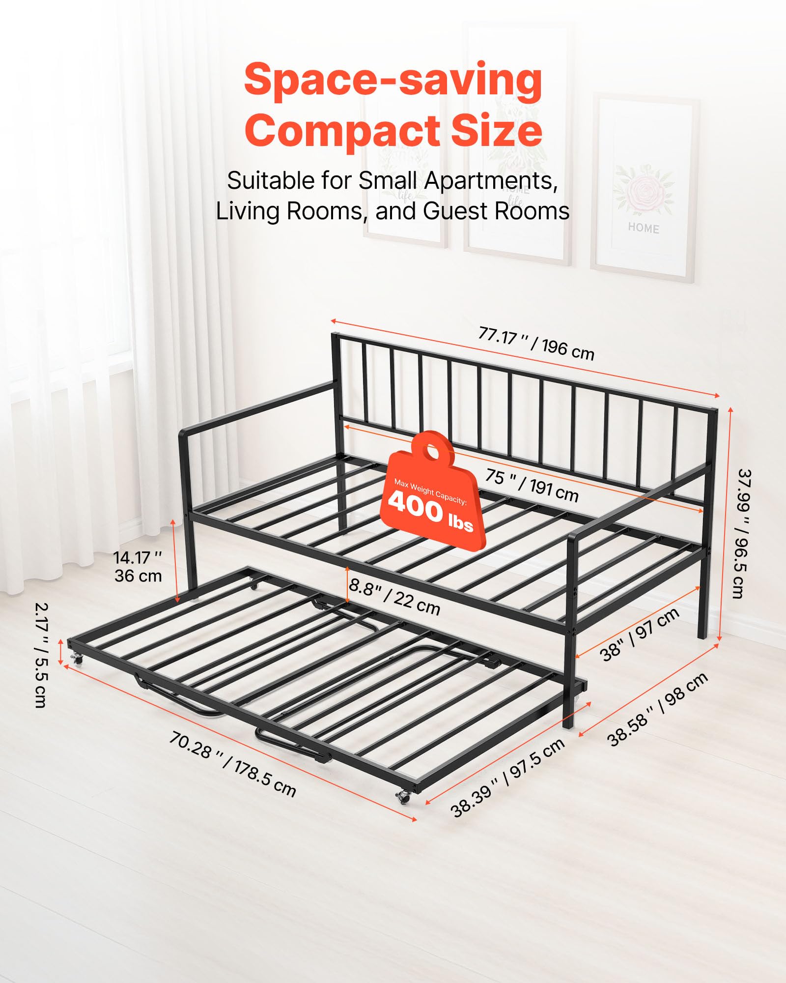 VEVOR Estructura de Sofá Cama de Metal 196x98x96,5 cm Marco de Cama de Día con Estación de Carga LED Carga de 181,44 kg para Apartamento, Sala de Estar, Dormitorio, Habitación de Invitados, Negro