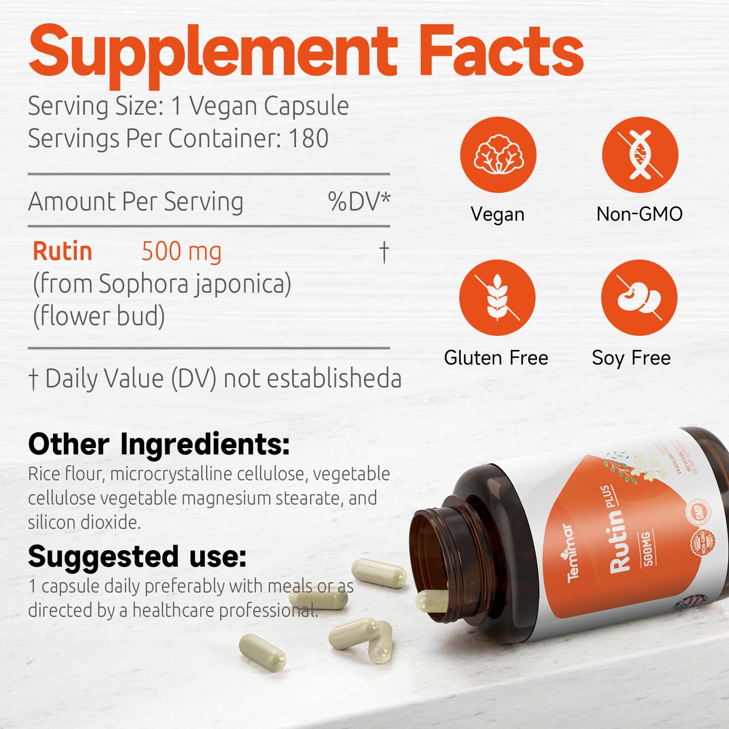 Rutin 500mg Supplement, Flavonoids Supplements from Sophora Japonica, Supports Vascular Health & Antioxidents, Non-GMO, Gluten-Free, Made in USA, 180 Vegan Capsules — Amazon image 6