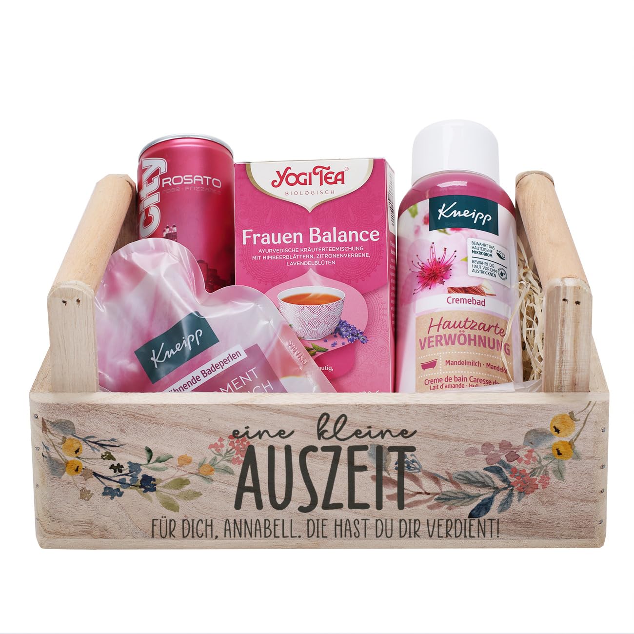 Herz & Heim Geschenkset für Frauen mit Beauty-Produkten in personalisiertem Geschenkkorb aus Holz, Motivauswahl (Kleine Auszeit) Lebensmittel & Getränke